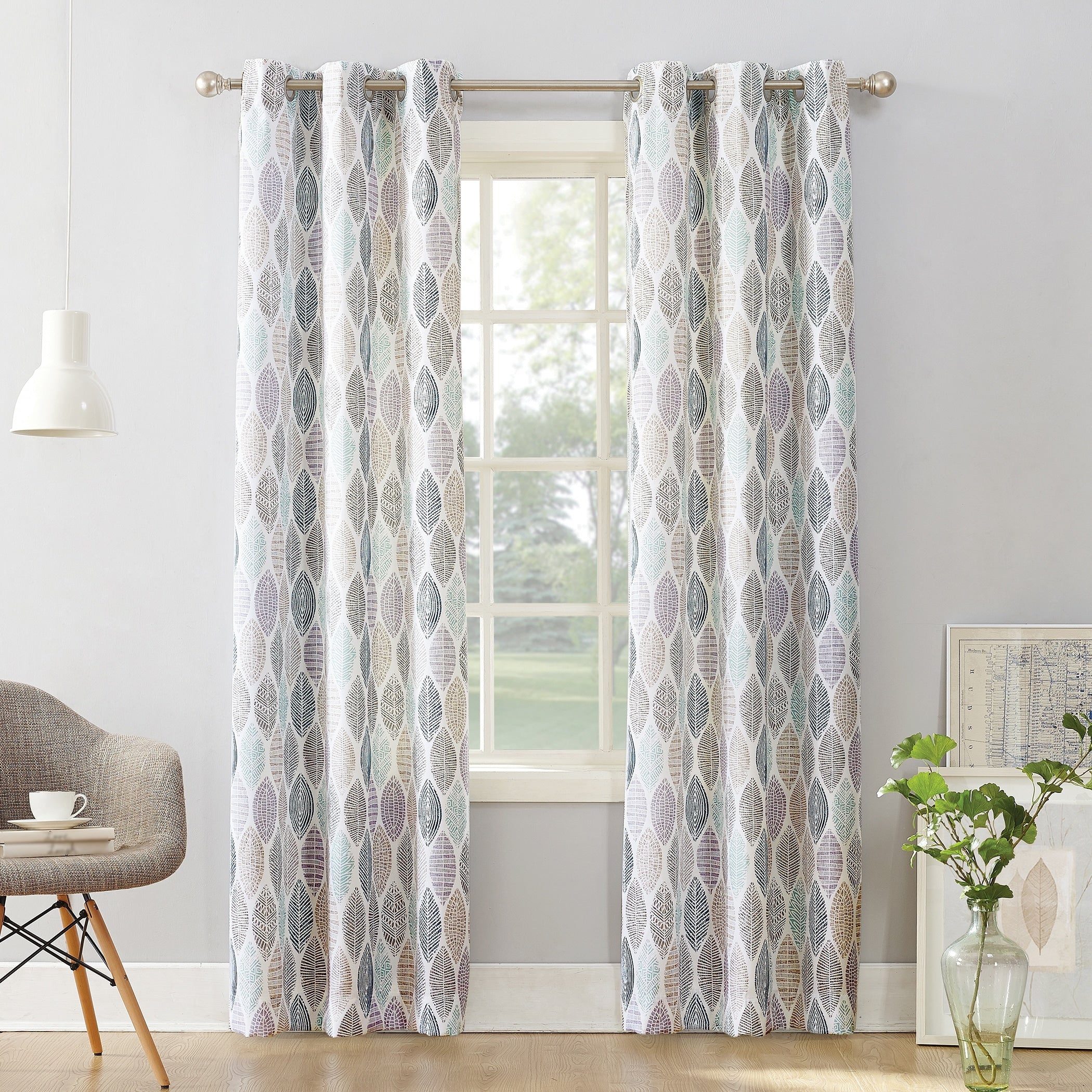 No. 918 Hotaru Leaf Print Semi Sheer Grommet Curtain Panel