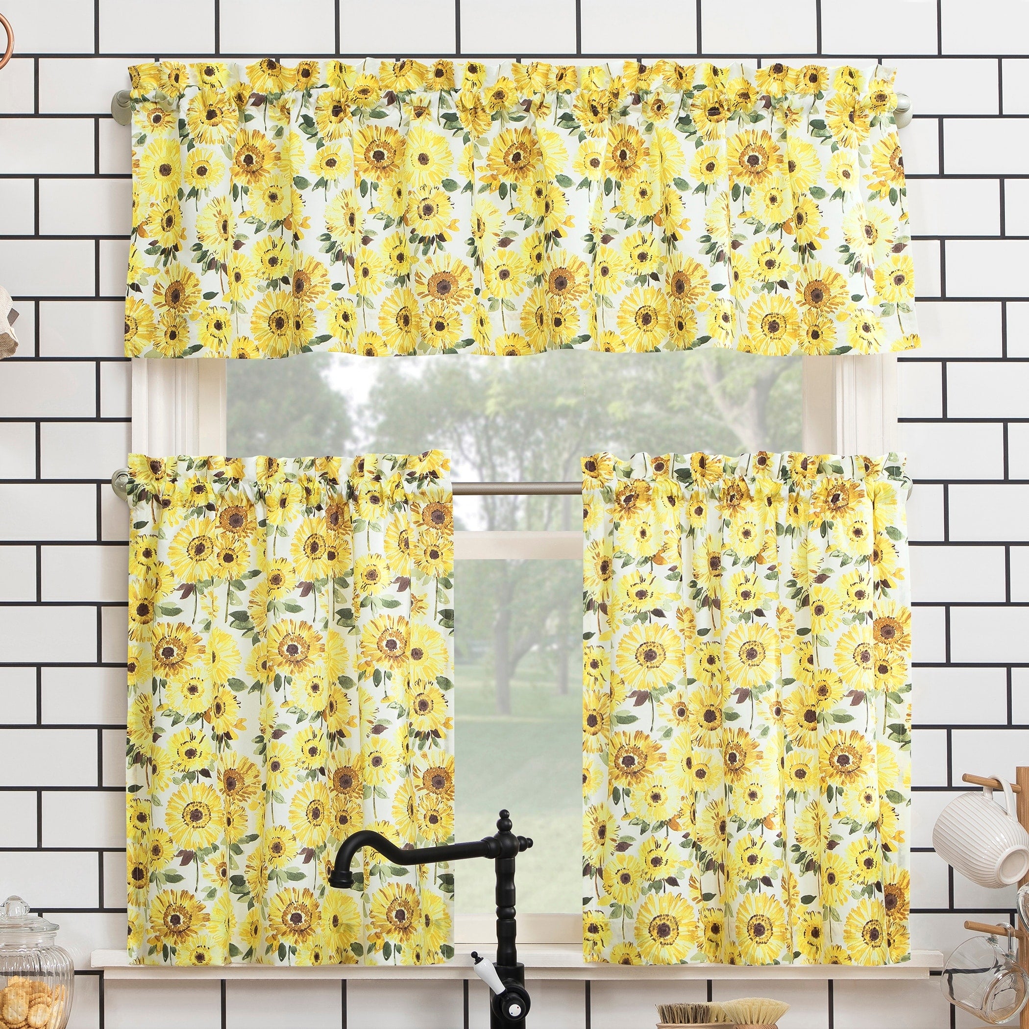 No. 918 Sunny Sunflower Print Semi Sheer Rod Pocket Kitchen Curtain Valance And Tiers Set
