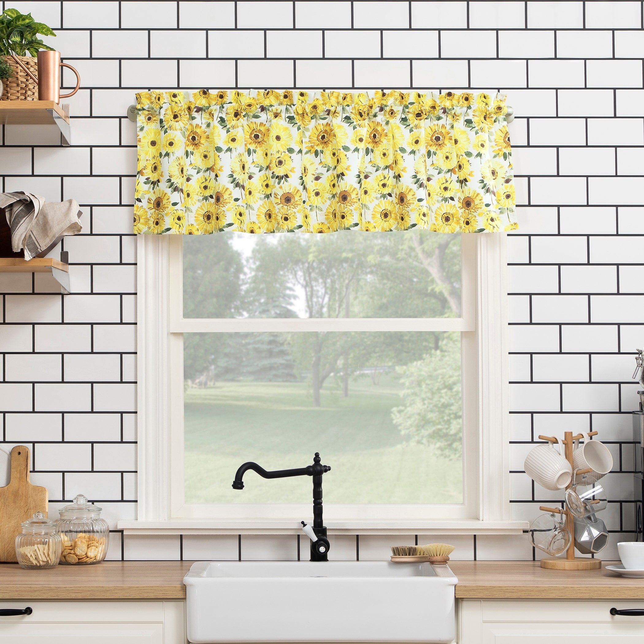 No. 918 Sunny Sunflower Print Semi Sheer Rod Pocket Kitchen Curtain Valance 54 X 14