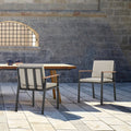 Armen Living Nofi Outdoor Patio Dining Chair In Gray Finish With Taupe Cushions And Teak Wood Accent Arms Set Of 2