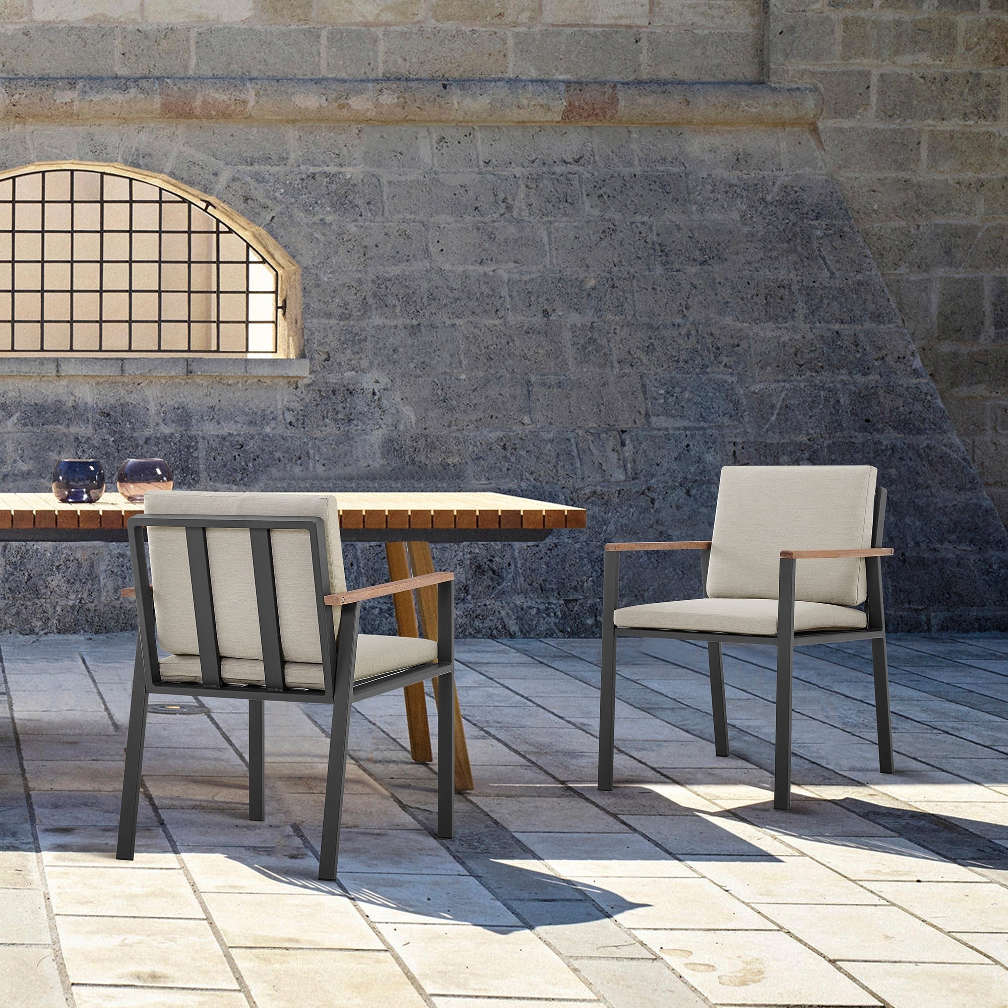 Armen Living Nofi Outdoor Patio Dining Chair In Gray Finish With Taupe Cushions And Teak Wood Accent Arms Set Of 2