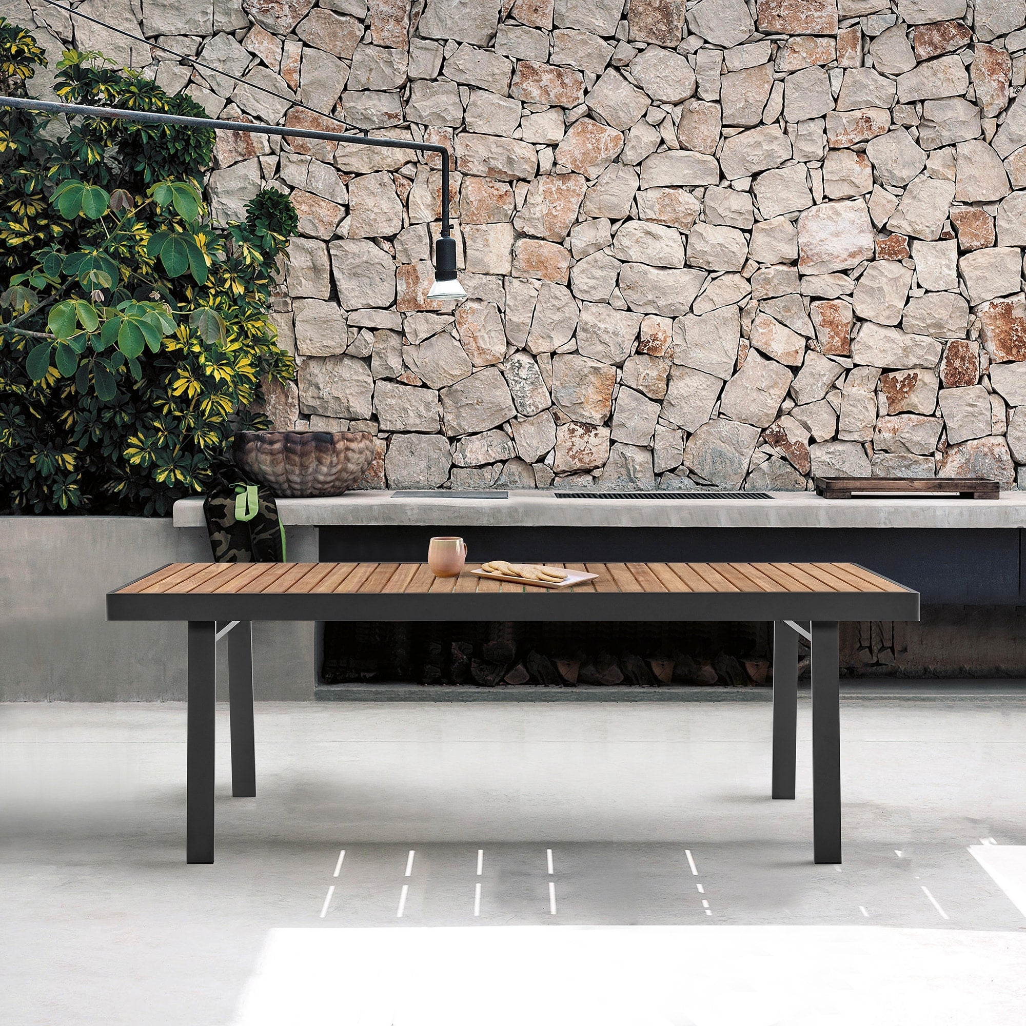 Armen Living Nofi Outdoor Patio Dining Table In Charcoal Finish With Teak Wood Top