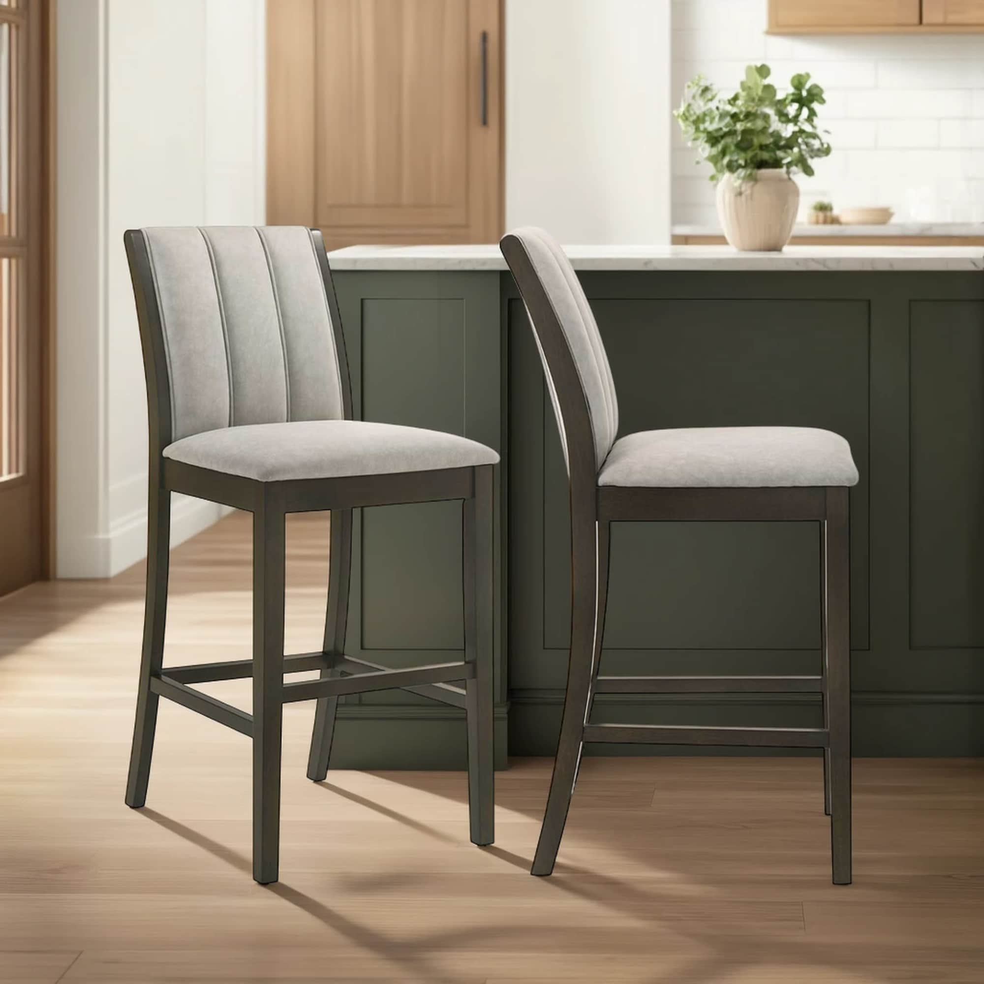 Nolan 26 In. Dark Roast Counter Height Rubberwood Barstool With Grey Fabric Seat Set Of 2