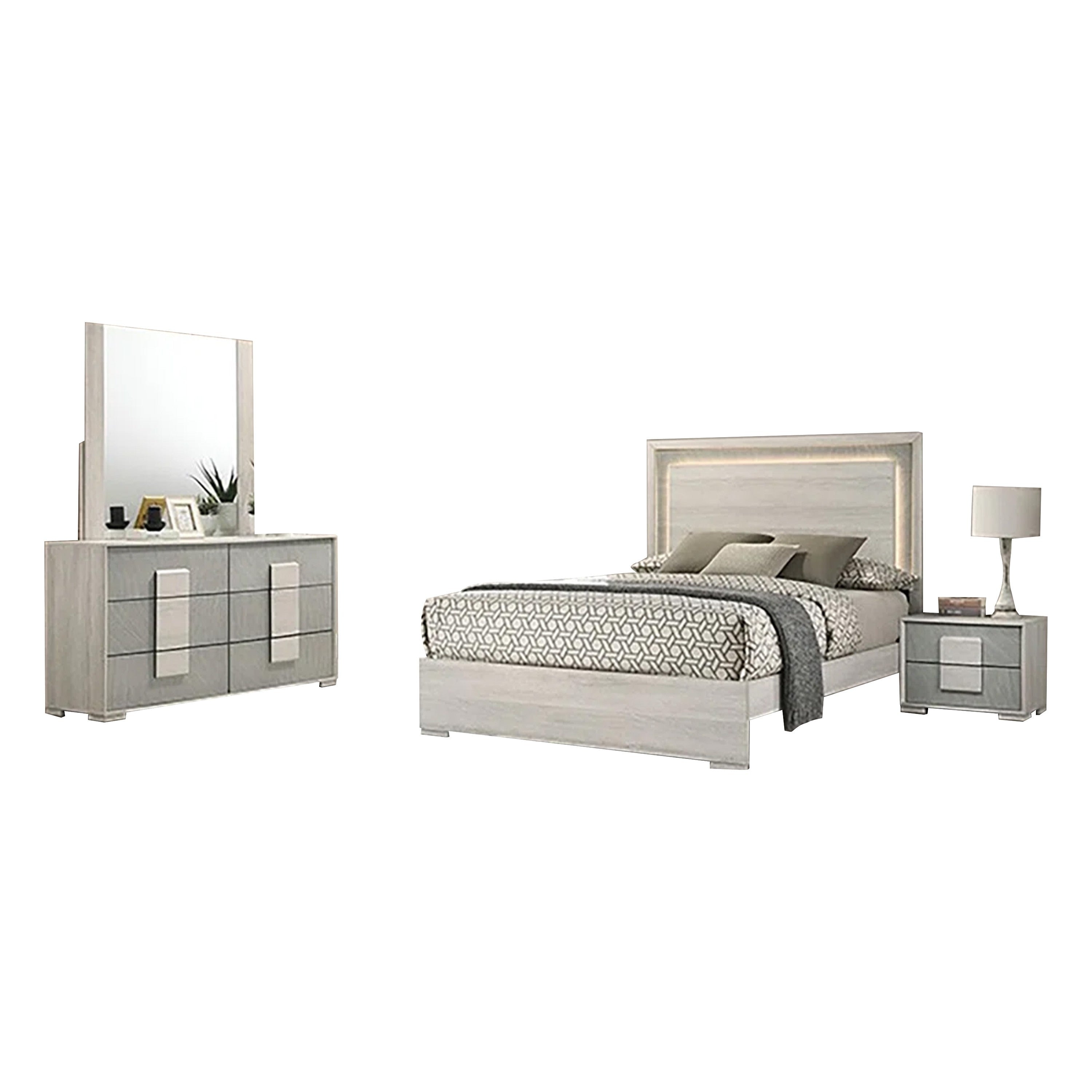Nomi 4Pc Queen Bedroom Set W Led Headboard Stone Gray Drawers
