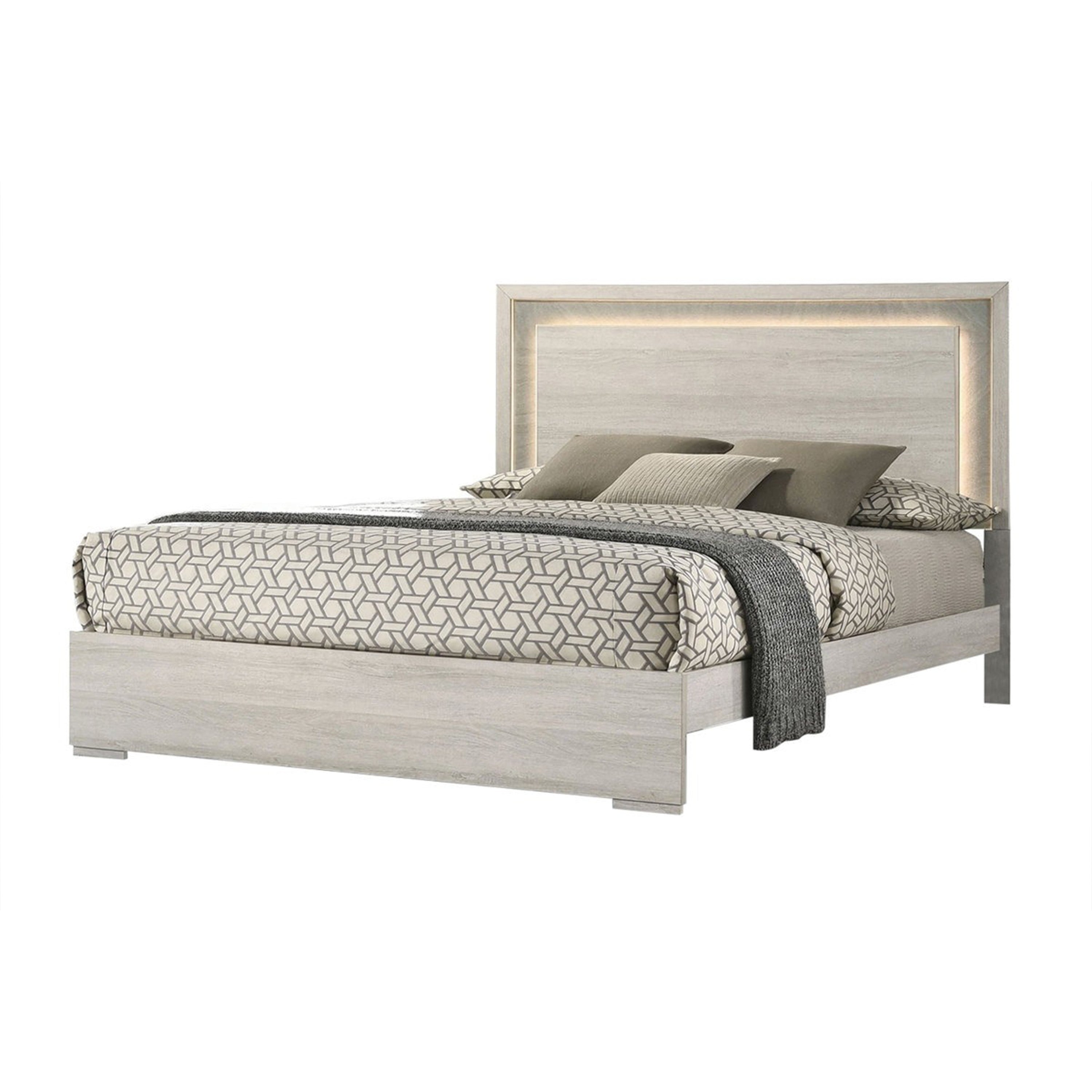Nomi King Size Bed W Led On Headboard Antique White Wash Finsih