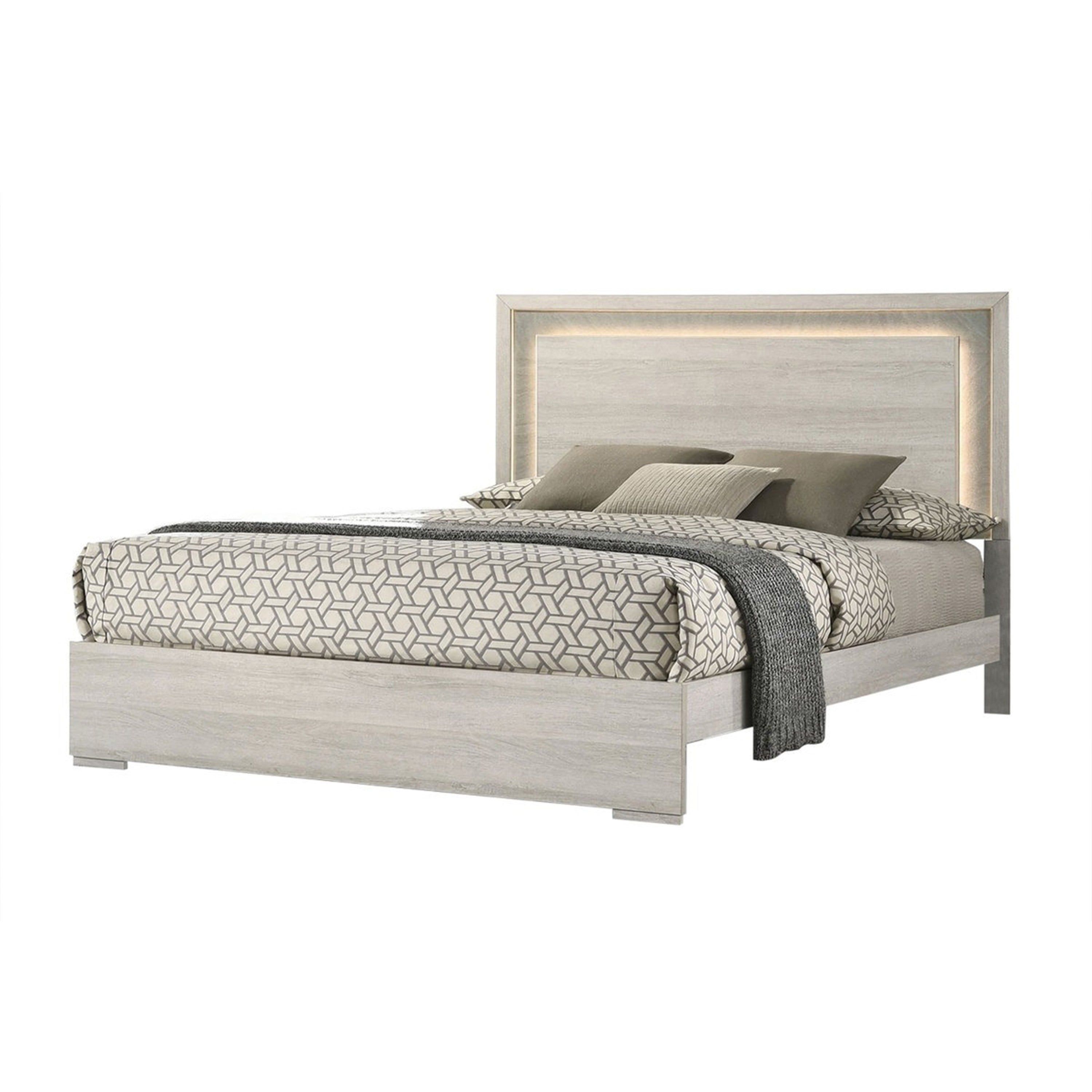 Nomi Queen Size Bed W Led On Headboard Antique White Wash Finsih