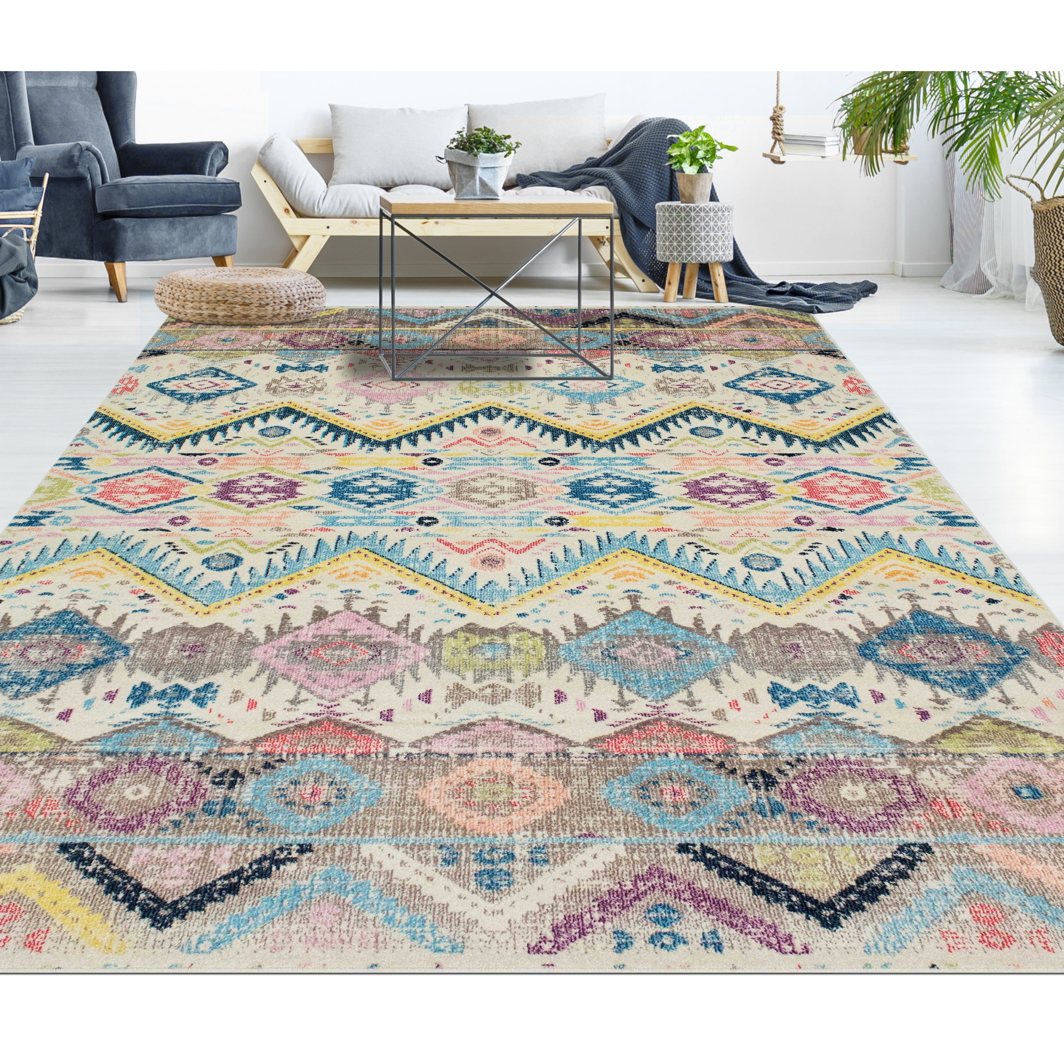 The Curated Nomad Rincon Geometric Distressed Ivory Purple Rug