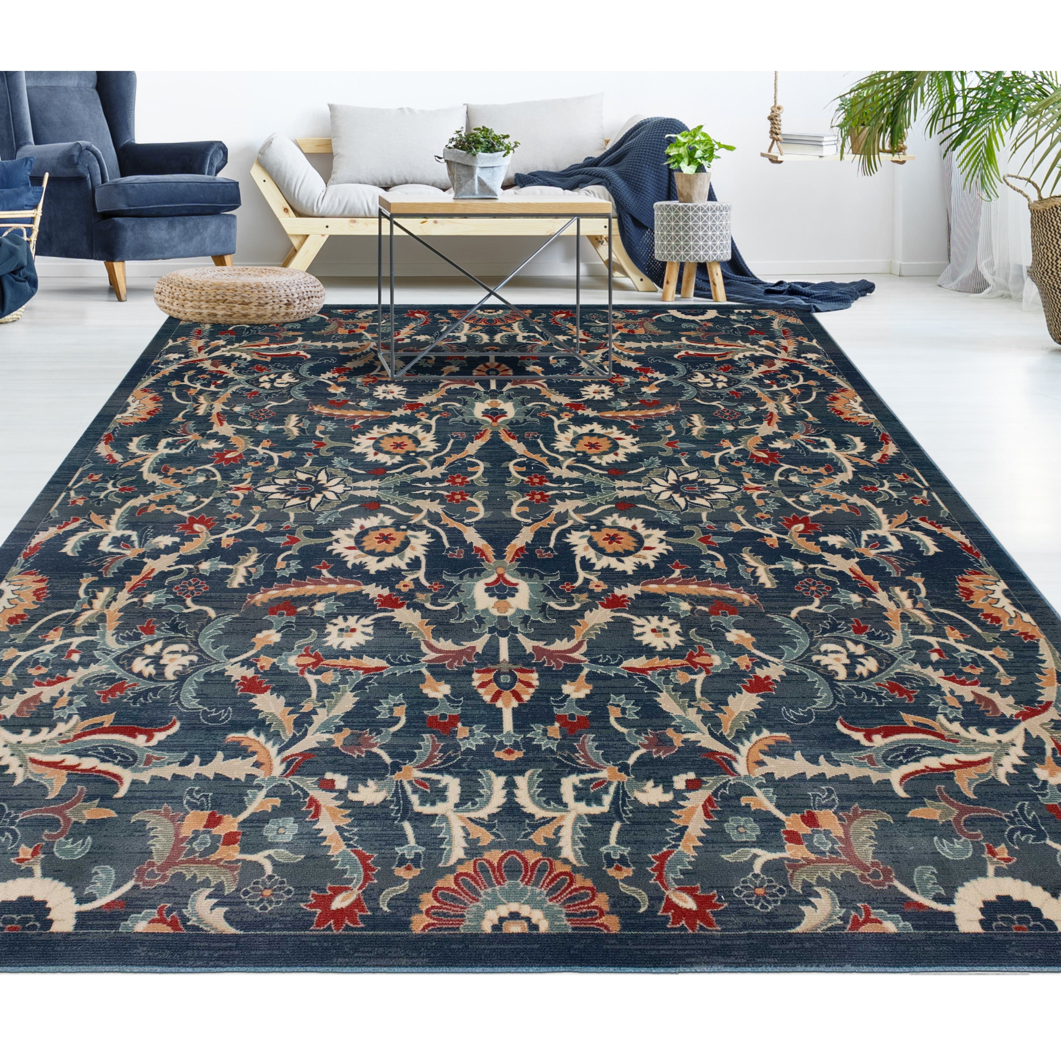 The Curated Nomad Nob Hill Distressed Beige Blue Floral Rug