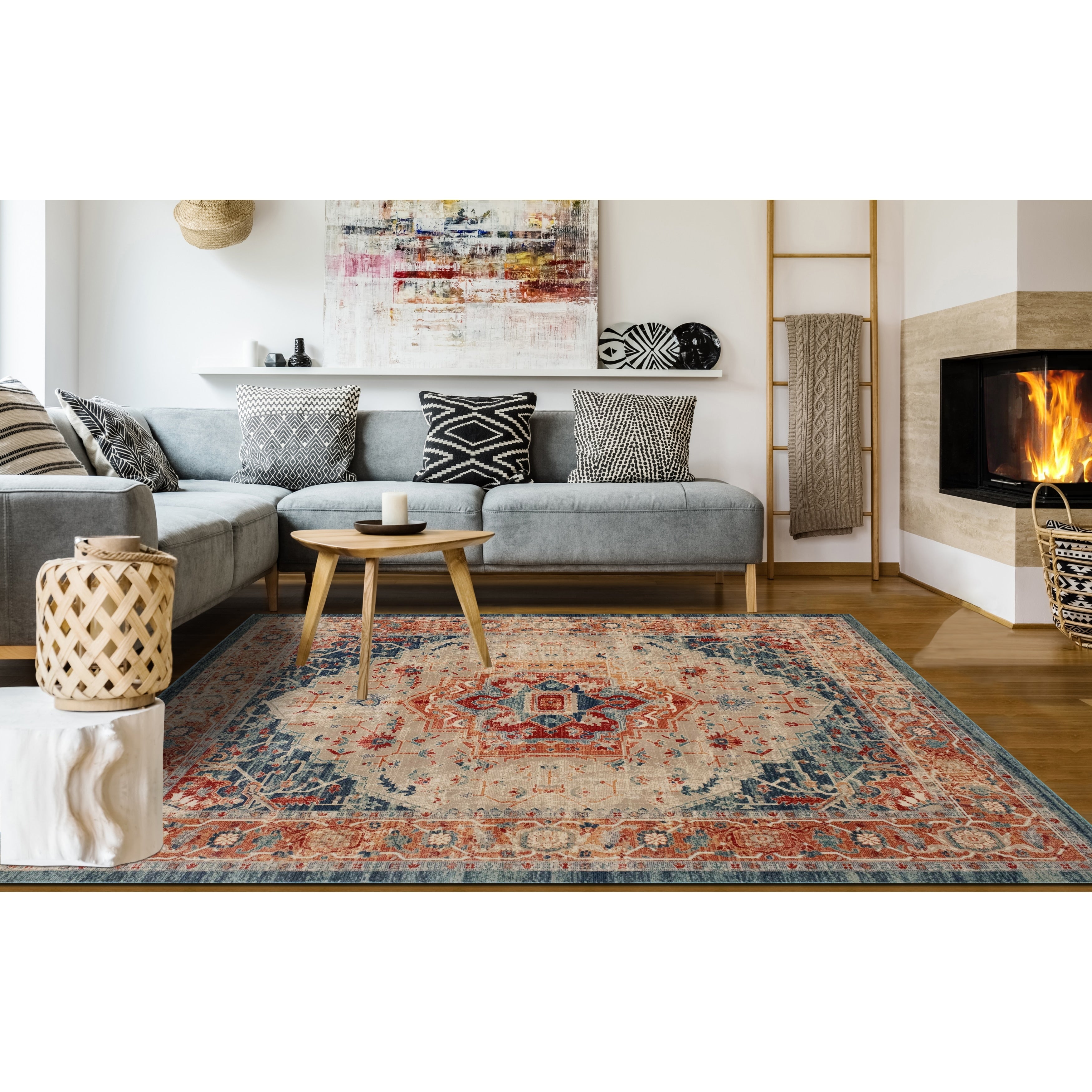The Curated Nomad Nob Hill Distressed Beige Blue Oriental Rug
