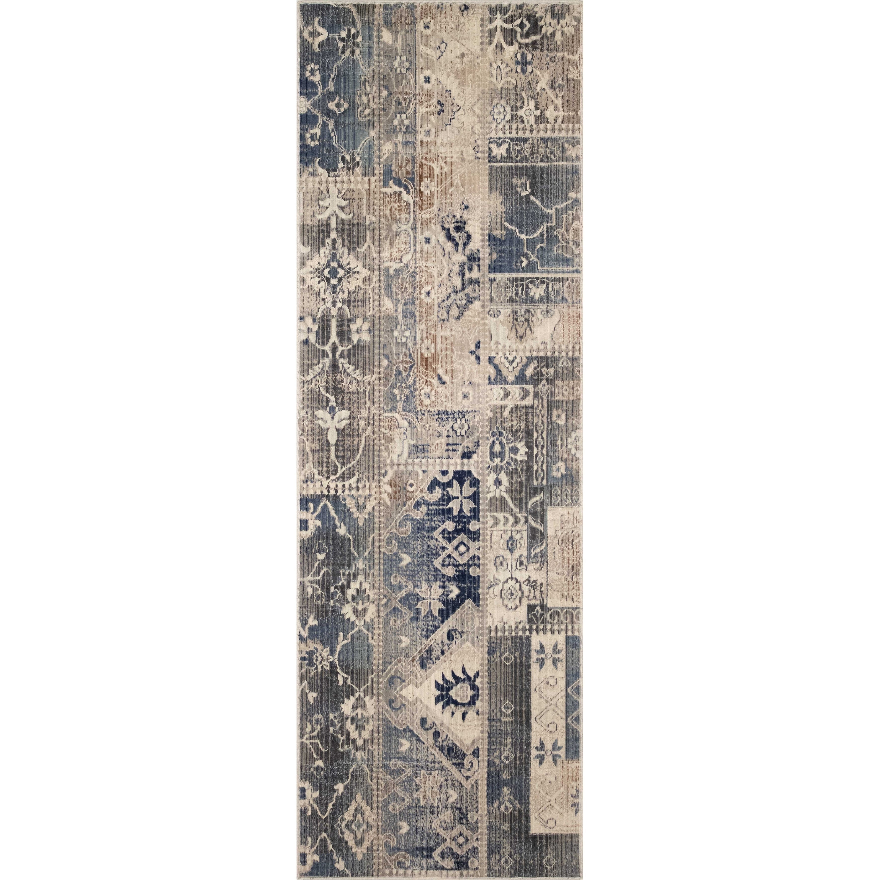 Porch Den Barnet Ivory And Blue Low Pile Rug