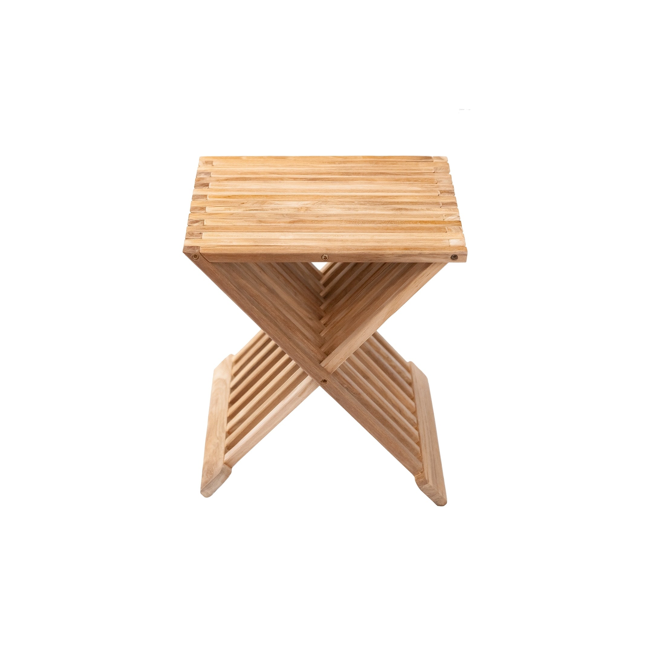 Nordic Style Natural Teak Folding Stool With Horizontal Slats Beige