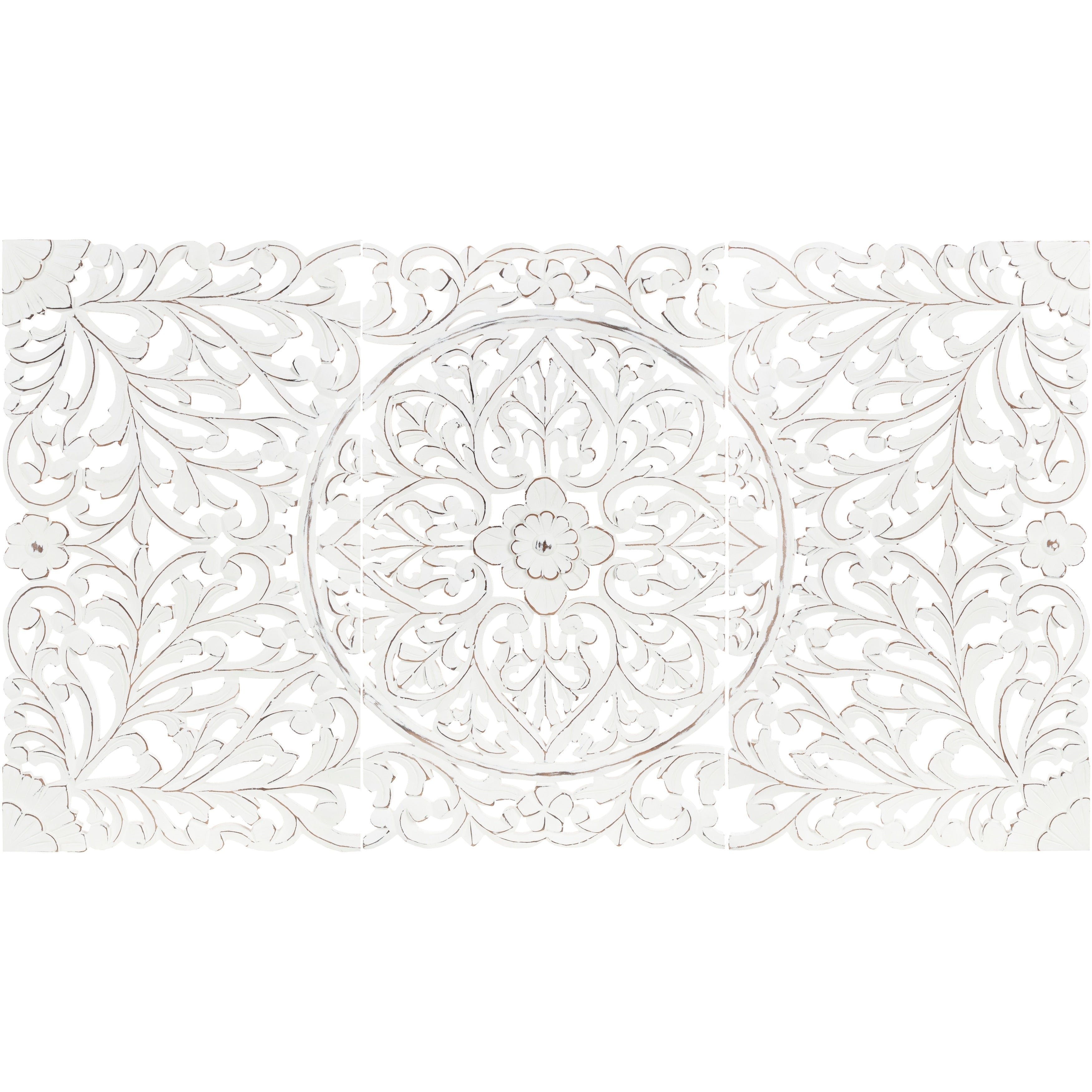 Norma Floral Hand Carved White Wooden 48X28 Inch 3 Panel Wall Art