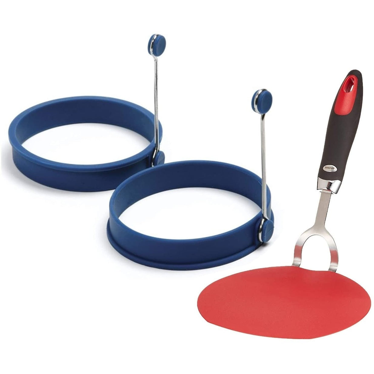 Norpro Grip Ez Flexible Pancake Spatula With Silicone Round Pancake Egg Rings Combo Red Blue