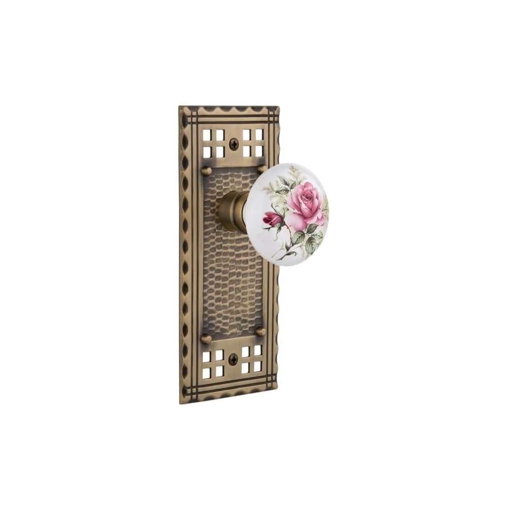 Nostalgic Warehouse Craros_Sd_Nk Rose Porcelain Solid Brass Single Dummy Knob With Craftsman Rose