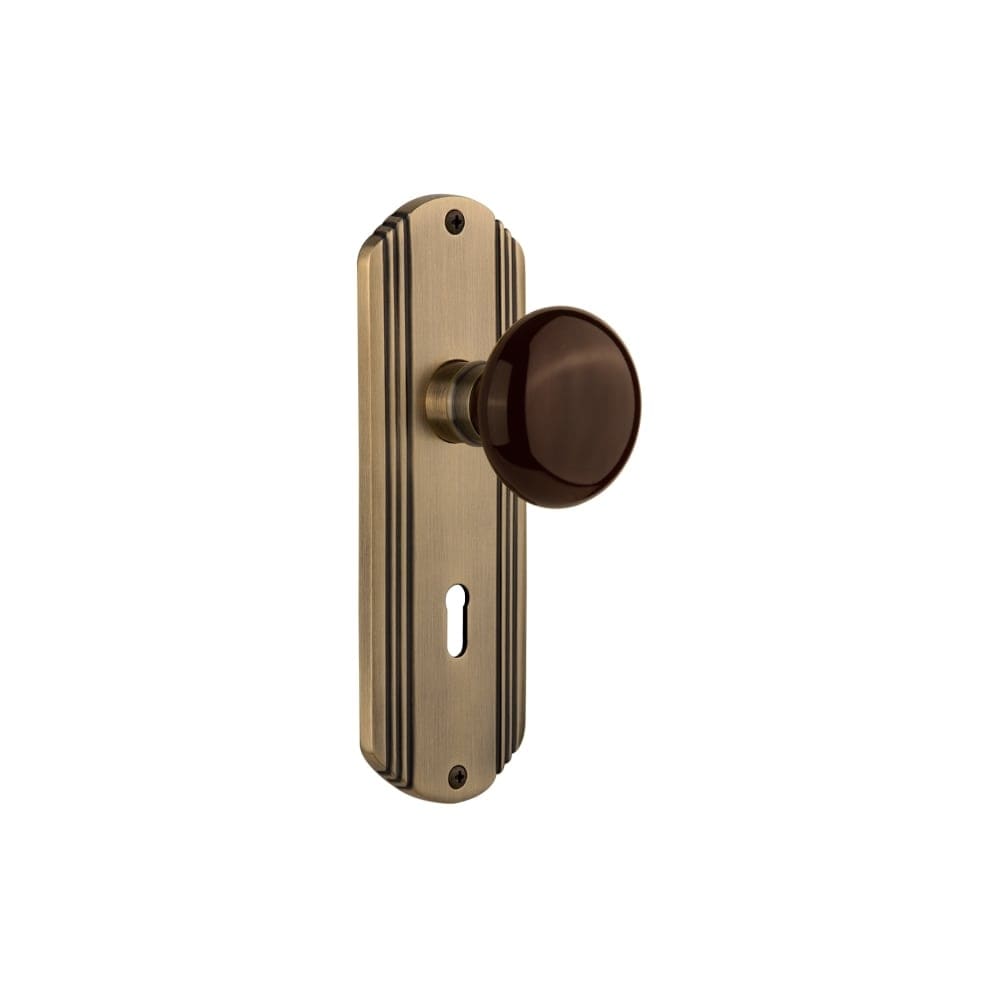 Nostalgic Warehouse Decbrn_Prv_238_Kh Brown Porcelain Solid Brass Privacy Knob Set With Deco Rose Keyhole And 2 3 8 Backset