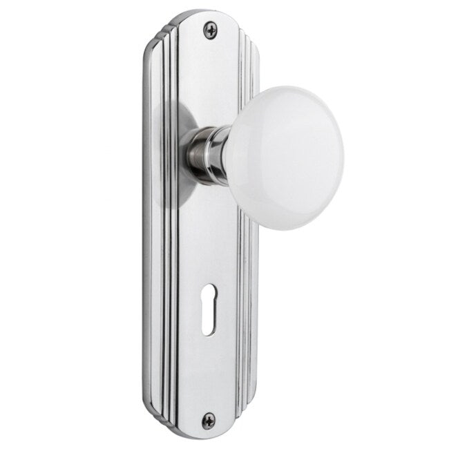 Nostalgic Warehouse Decwhi_Prv_238_Kh White Porcelain Solid Brass Privacy Knob Set With Deco Rose Keyhole And 2 3 8 Backset