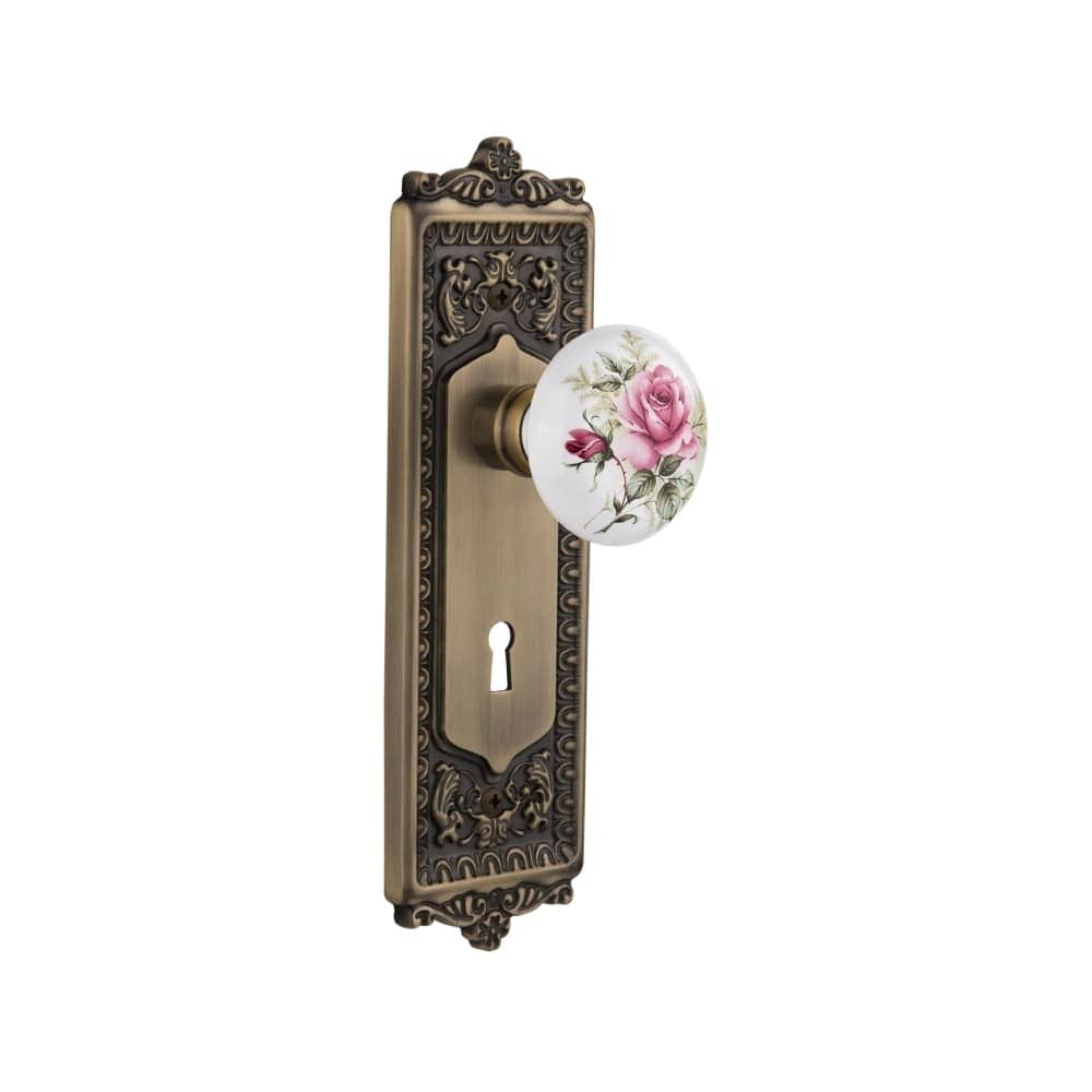 Nostalgic Warehouse Eadros_Dp_Kh Rose Porcelain Solid Brass Dummy Knob Set With Egg And Dart Rose And Keyhole