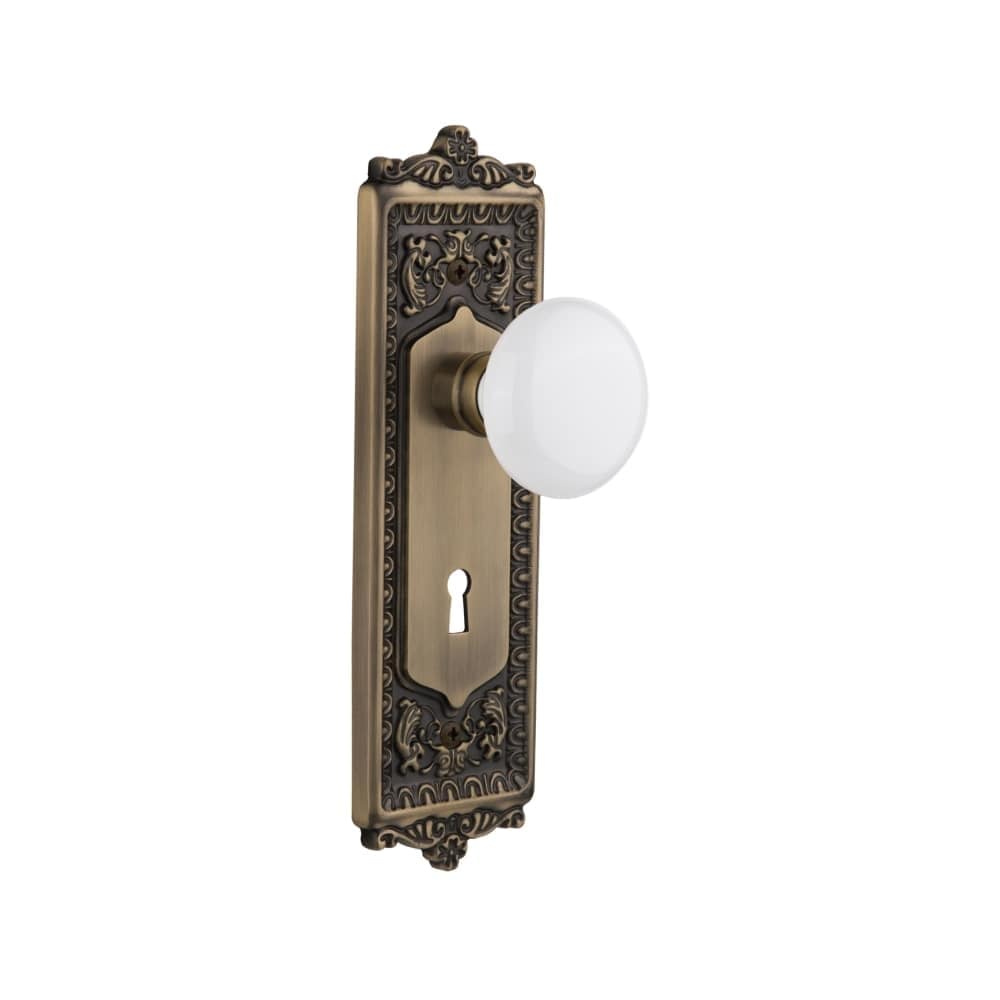 Nostalgic Warehouse Eadwhi_Sd_Kh White Porcelain Solid Brass Single Dummy Knob With Egg And Dart Rose And Keyhole