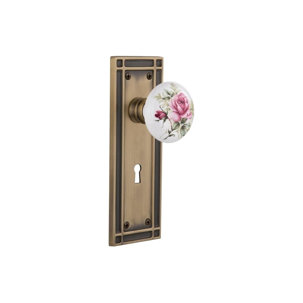 Nostalgic Warehouse Misros_Sd_Kh Rose Porcelain Solid Brass Single Dummy Knob With Mission Rose And Keyhole