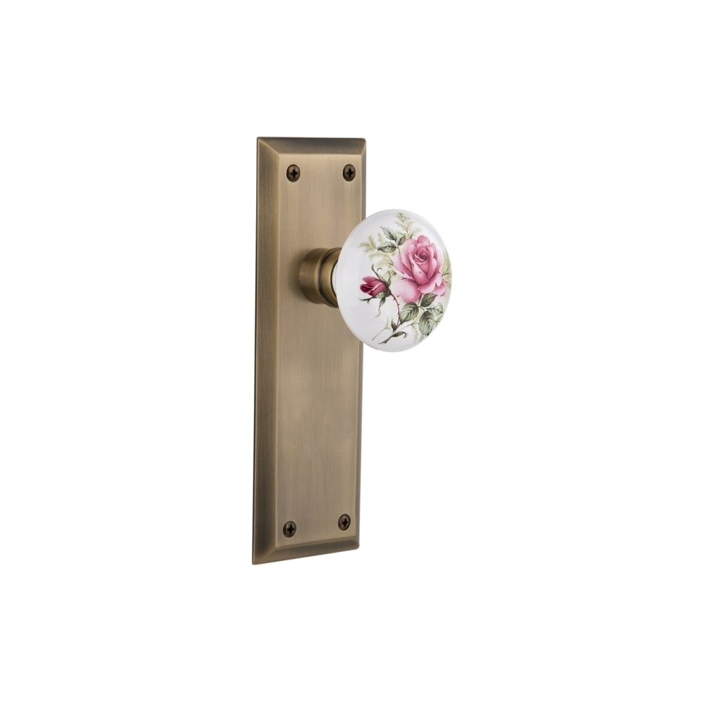Nostalgic Warehouse Nykros_Psg_234_Nk Rose Porcelain Solid Brass Passage Knob Set With New York Rose And 2 3 4 Backset
