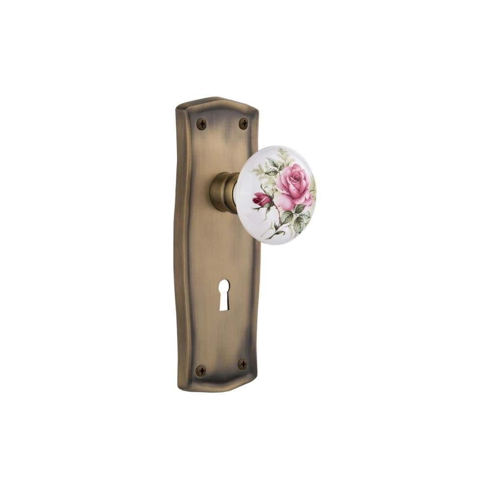 Nostalgic Warehouse Praros_Prv_234_Kh Rose Porcelain Solid Brass Privacy Knob Set With Prairie Rose Keyhole And 2 3 4 Backset