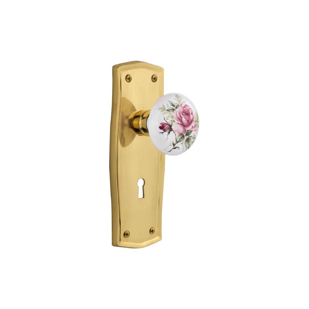 Nostalgic Warehouse Praros_Psg_234_Kh Rose Porcelain Solid Brass Passage Knob Set With Prairie Rose Keyhole And 2 3 4 Backset