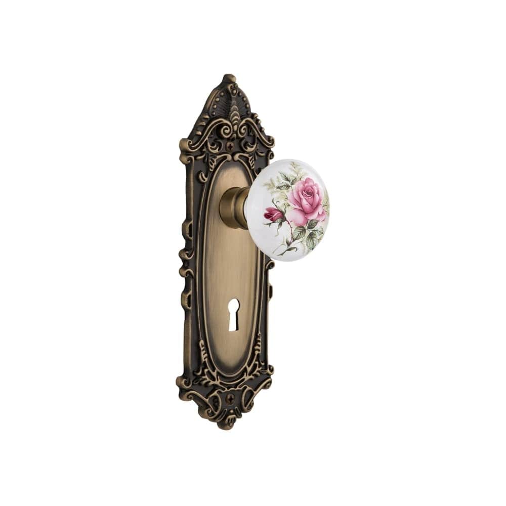 Nostalgic Warehouse Vicros_Prv_234_Kh Rose Porcelain Solid Brass Privacy Knob Set With Victorian Rose Keyhole 2.75 Backset