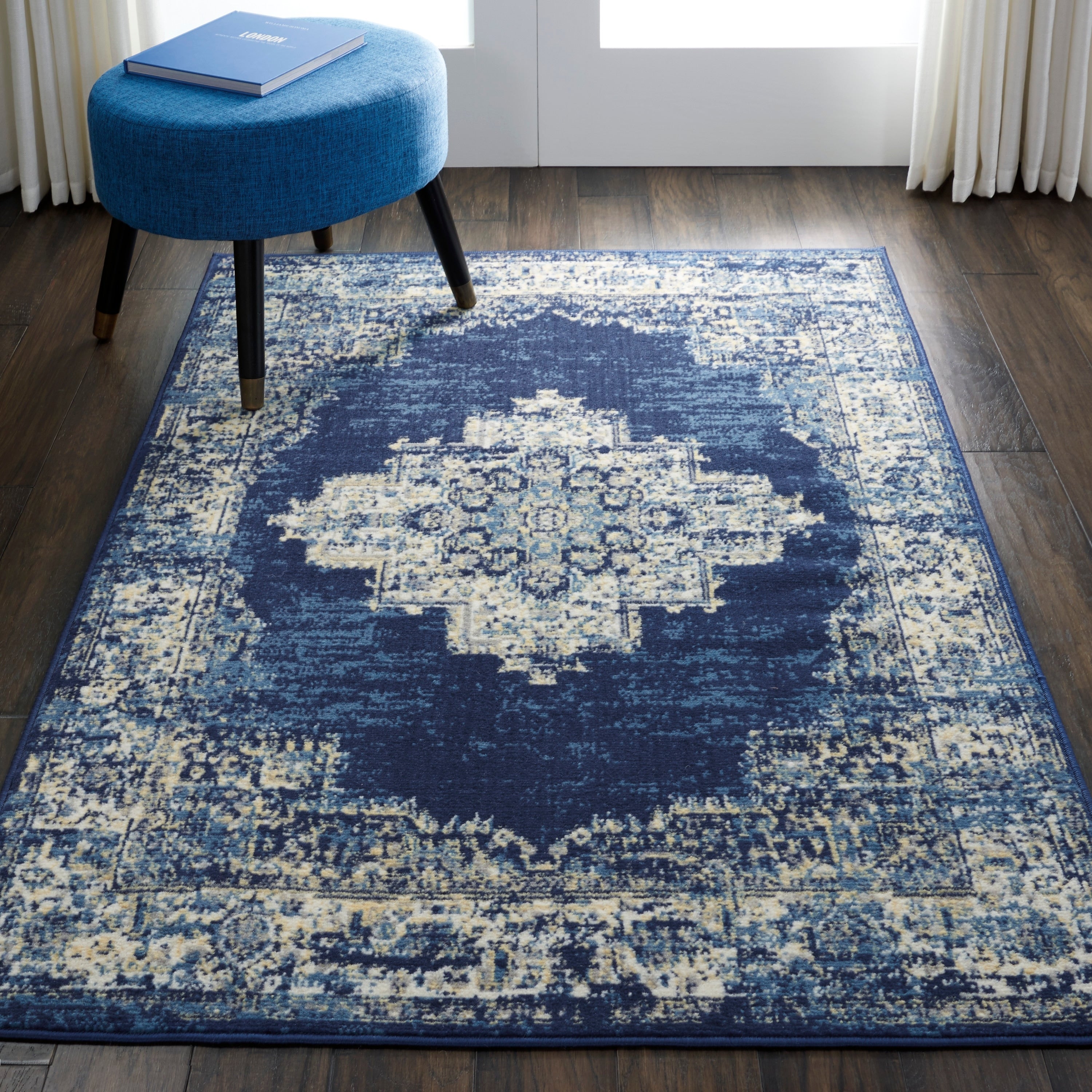 Nourison Grafix Distressed Navy Blue Medallion Area Rug 710 X 910