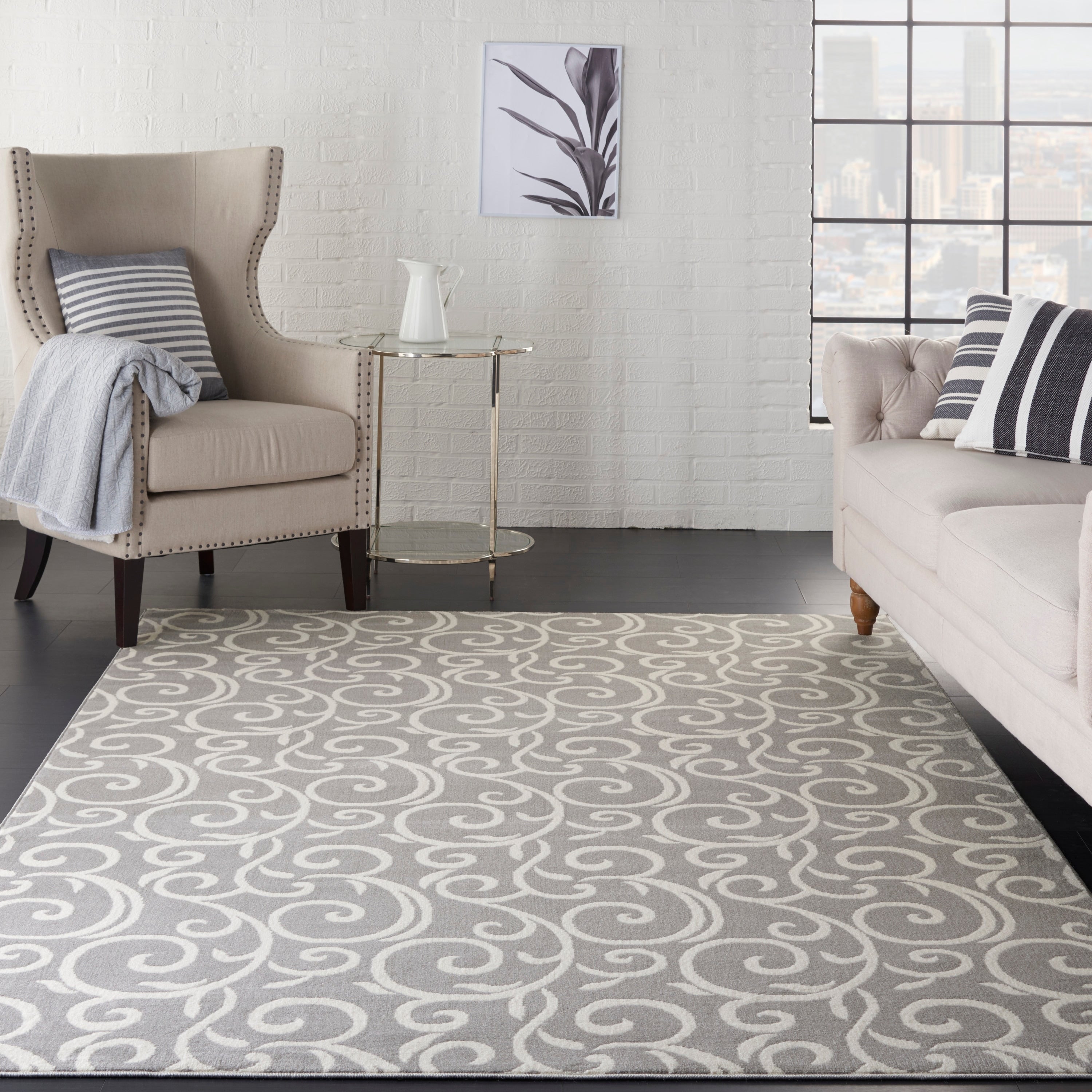 Nourison Grafix Grey White Vine Swirls Area Rug 710 X 910