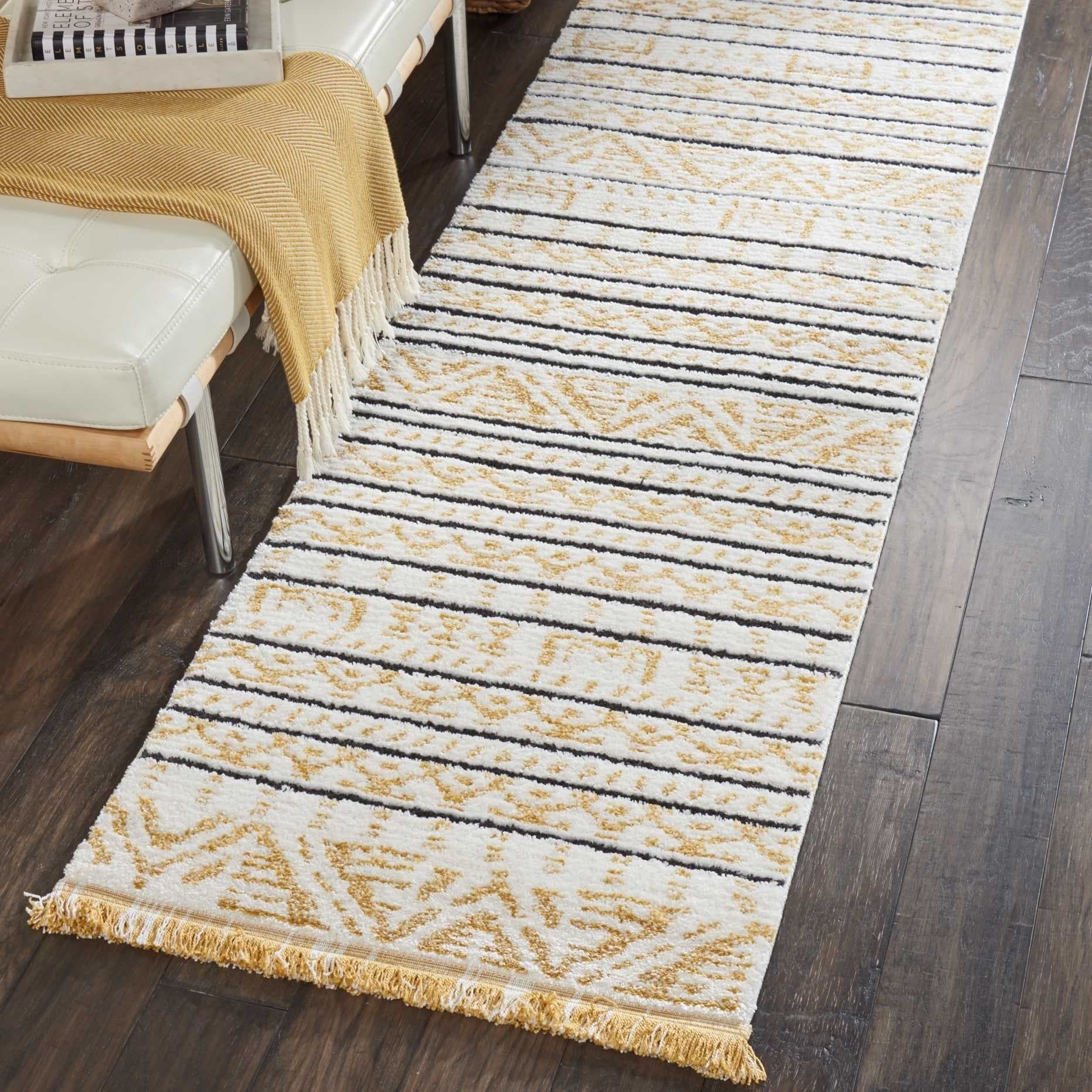 Nourison Kamala Ivory Gold Aztec Patterned Fringe Runner Rug 22 X 76 Runner