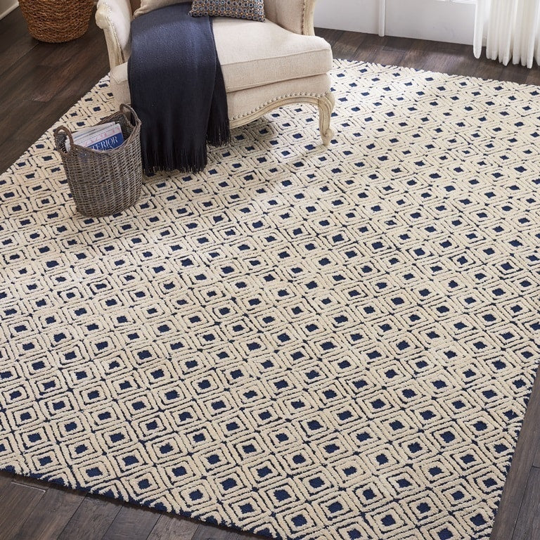 Nourison Modern Deco Hand Tufted Navy Ivory Area Rug 53 X 74