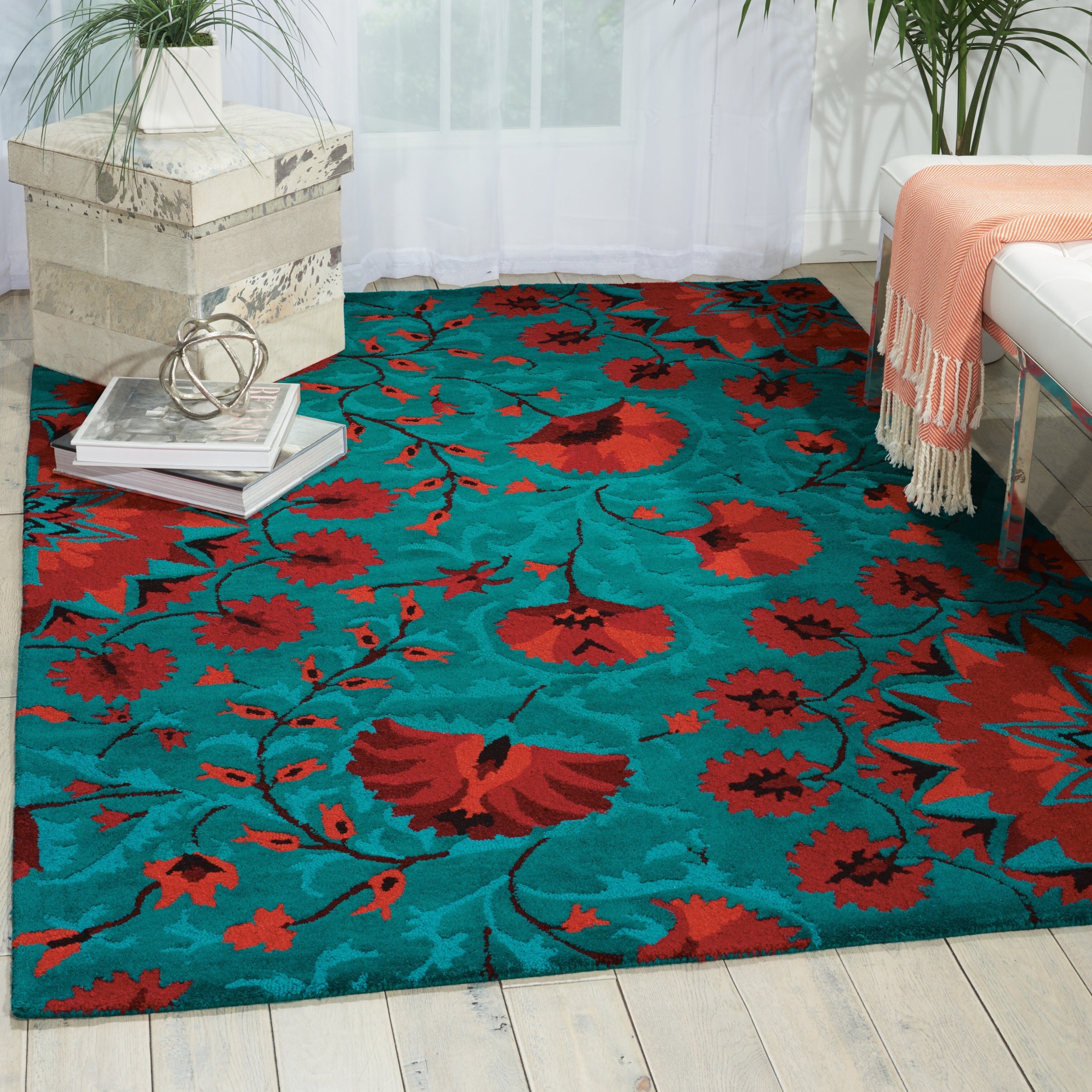 Hand Tufted Suzani Teal Floral Bloom Rug 53 X 75 53 X 75