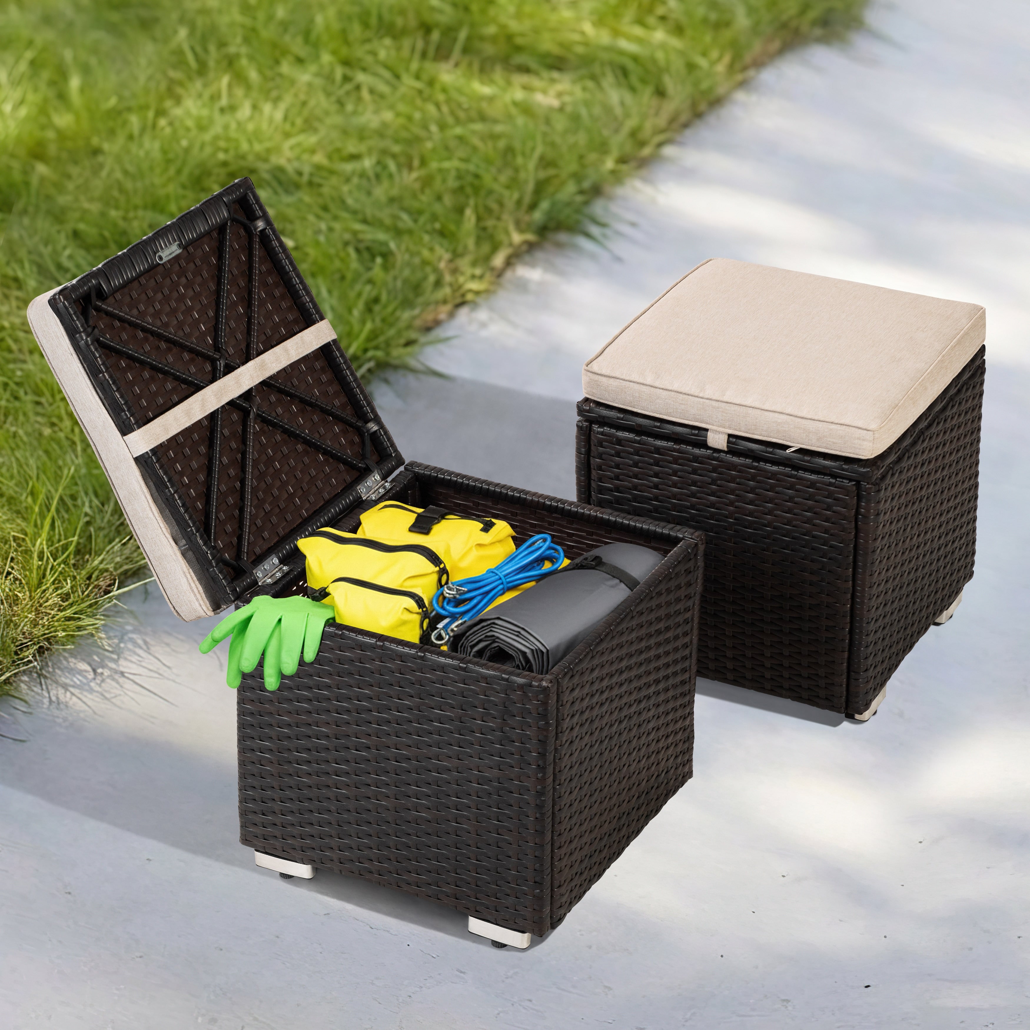Patio 2 Piece Wicker Ottoman With Hidden Storage And Removable Cushion