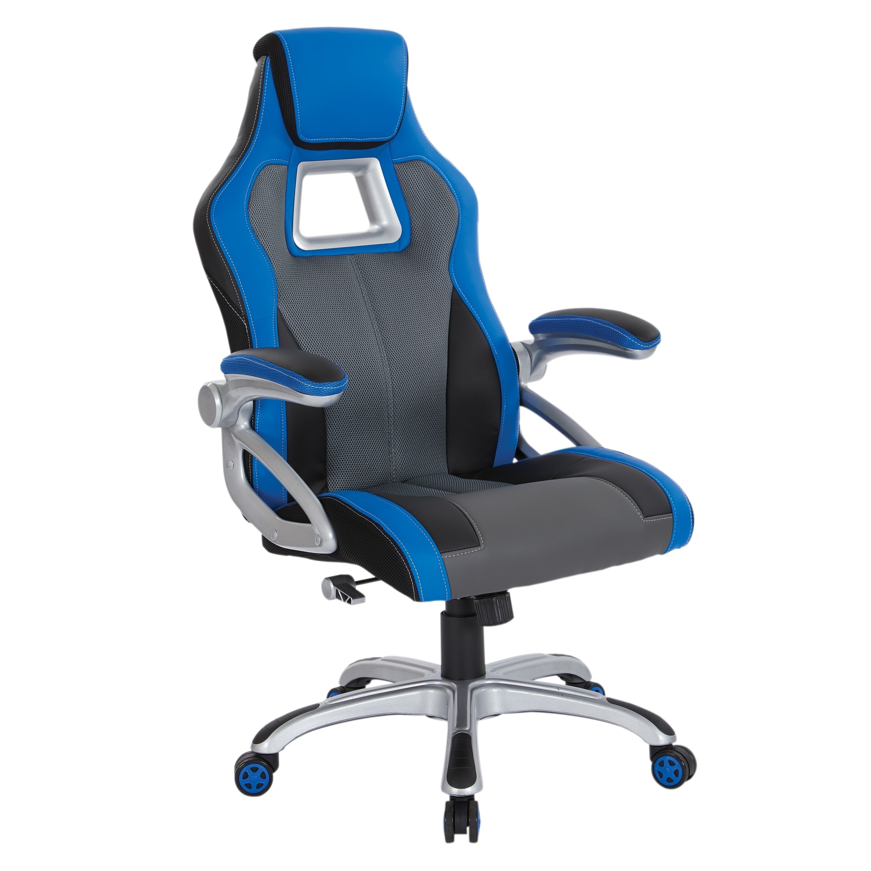 Osp Home Furnishings Race Chair In Bonded Leather And Mesh With White Stitching And Silver Base