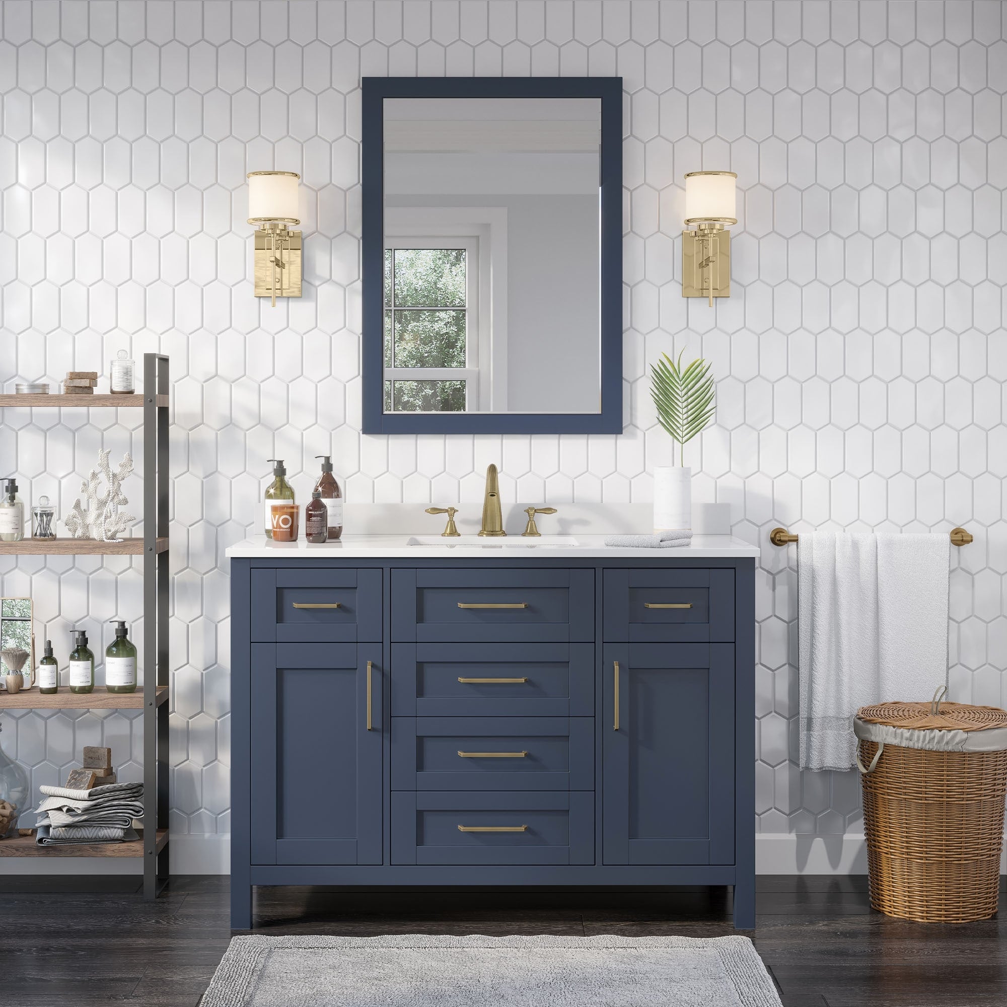 Ove Decors Tahoe 48 In. Midnight Blue Single Sink Vanity With Marble Top And Mirror