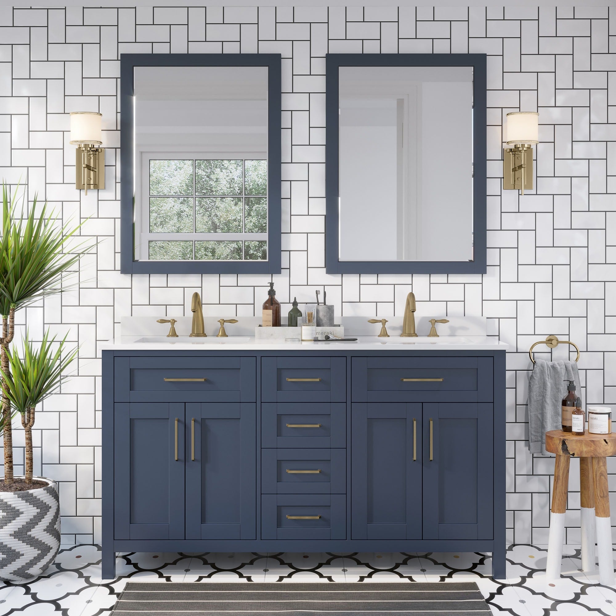 Ove Decors Tahoe 60 In Midnight Blue Double Sink Vanity With White Top And Mirrors