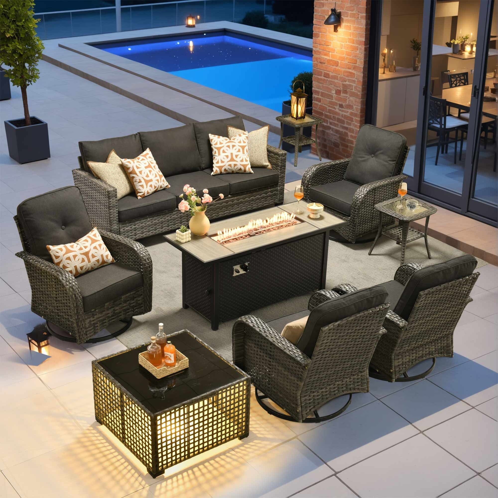 Ovios 9 Piece Outdoor Wicker Sofa Set With Fire Pit