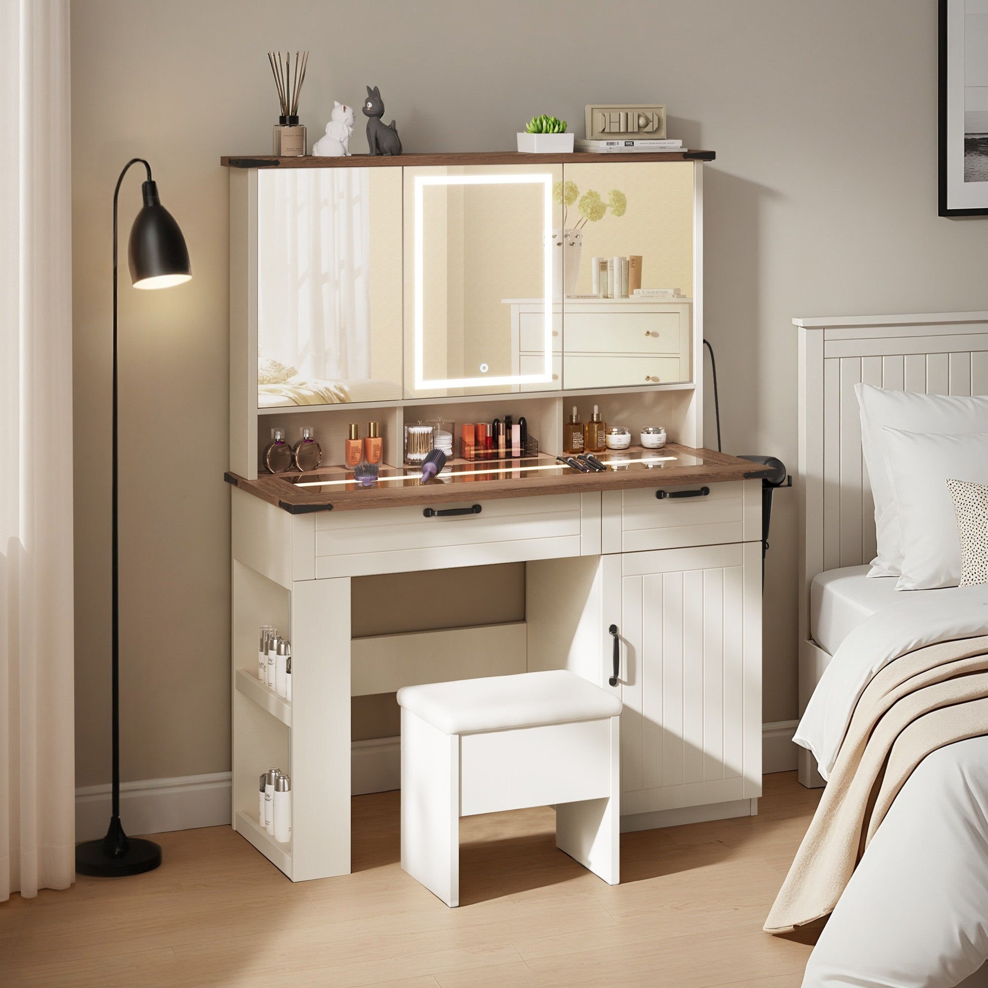 Ovios Modern Vanity Table Set With Led Lighted Mirror Storage Drawers Cabinet Cushioned Stool