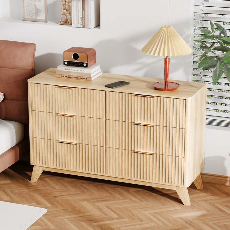 Oak Finish 6 Drawer Double Dresser Grid Chest P2 Particleboard Mdf With Melamine Vacuum Forming 47.22 W