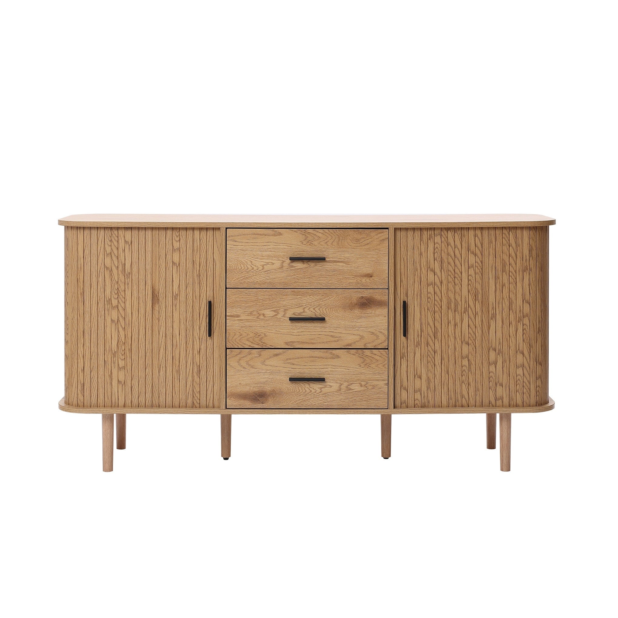 Oak Finish Mdf Wood Sideboard Cabinet With Rounded Corners Sliding Doors 29.53 H X 59.05 W X 15.75 D