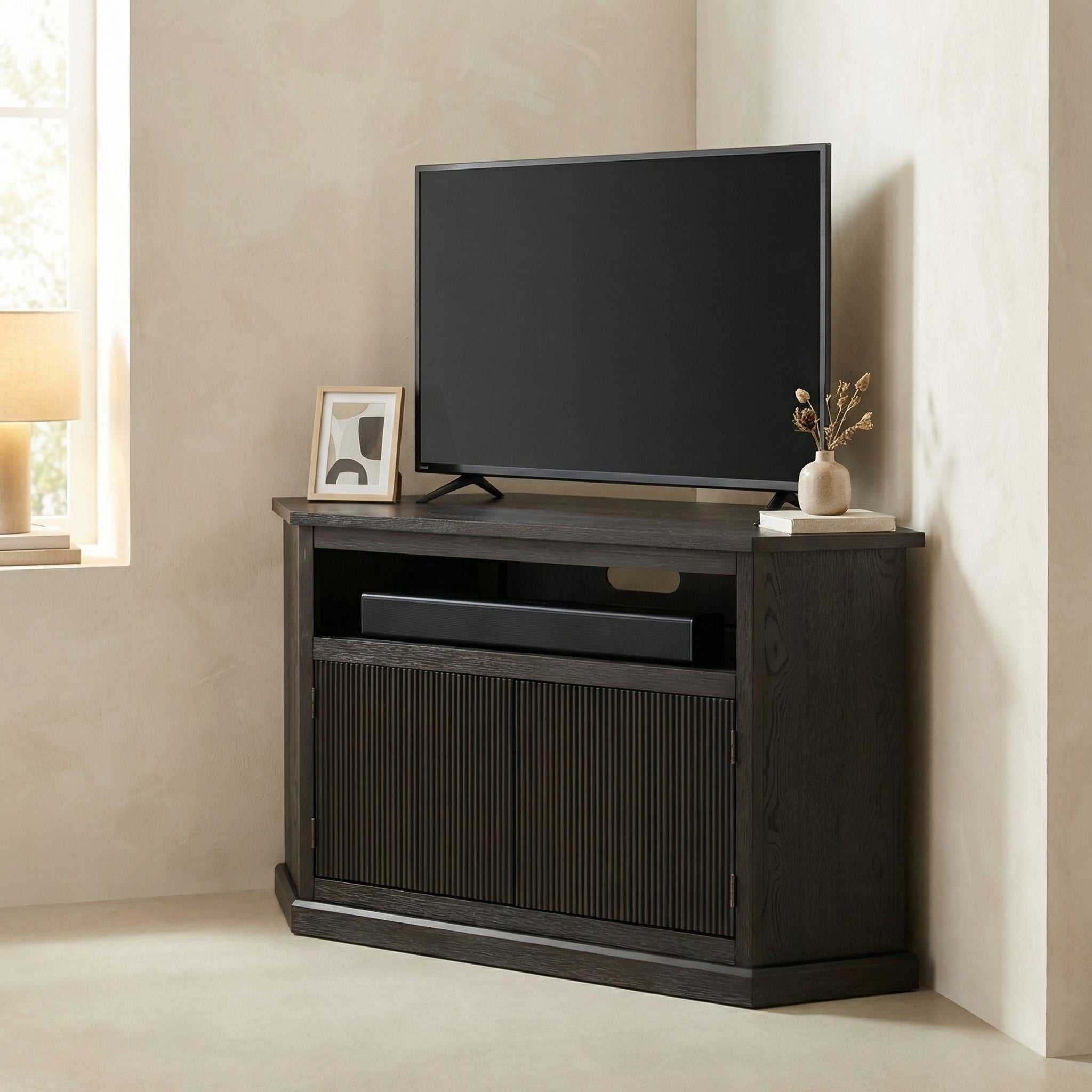 Oak Grove Corner Tv Stand Fits Tvs Up To 55 Inches With Shelf And Cabinet
