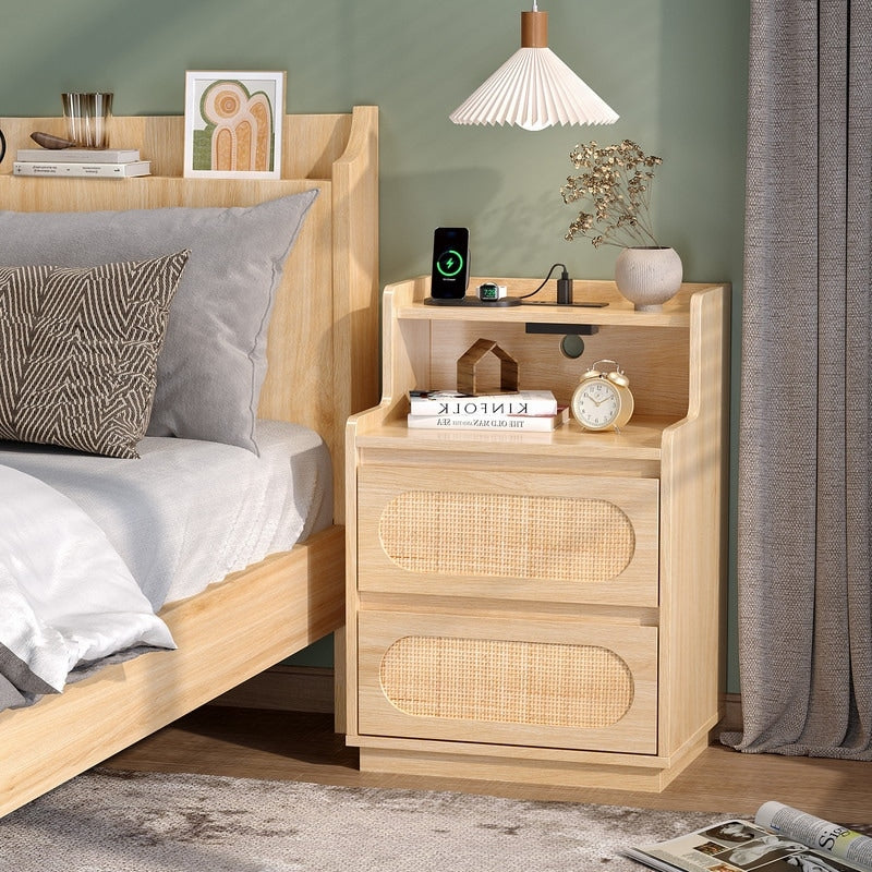Oak Nightstand With 2 Drawers Shelf Socket Rattan Detail