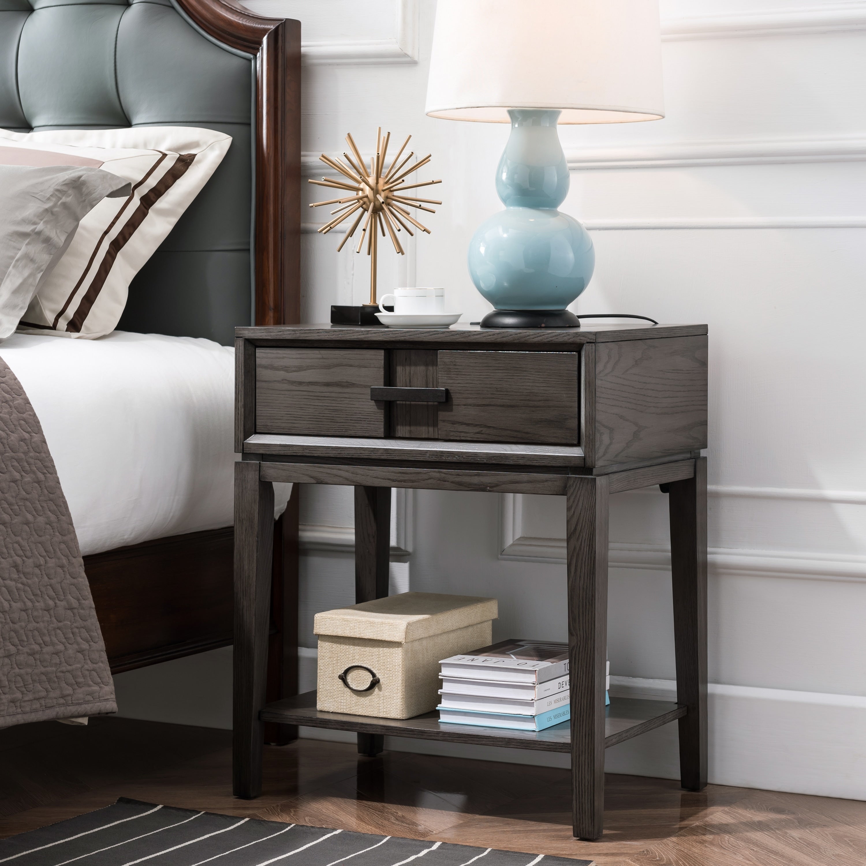 Oak Recessed Drawer Nightstand Side Table With Top Ac Usb Charger