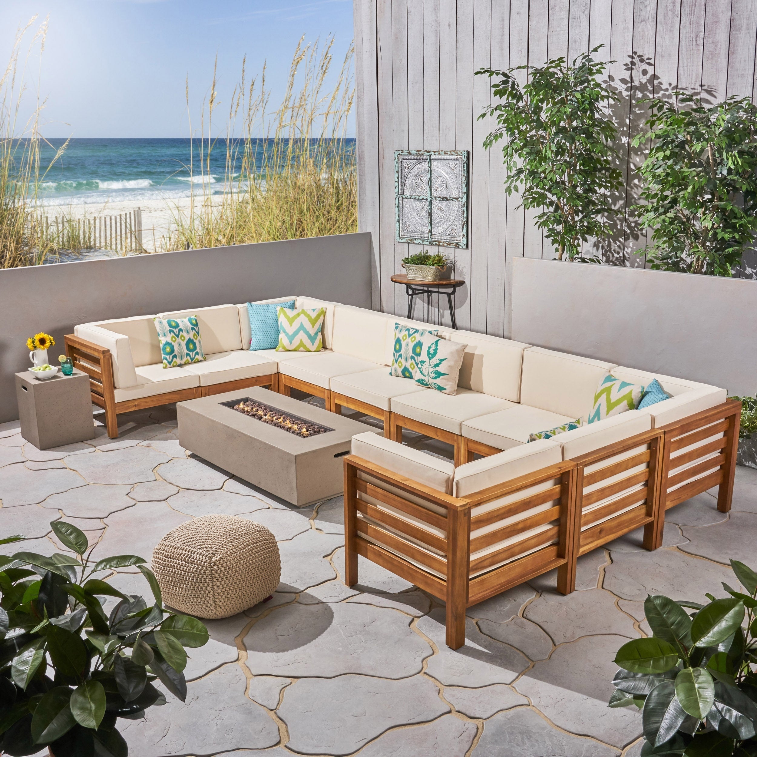 Oana Outdoor 12 Piece U Shaped Acacia Wood Sectional Sofa Set With Fire Pit By Christopher Knight Home