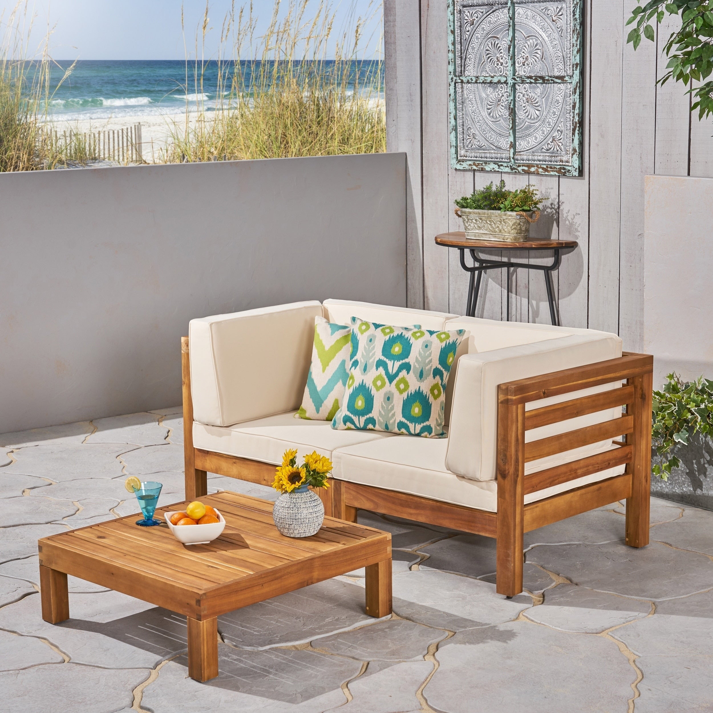 Oana Outdoor 2 Seater Acacia Wood Sectional Loveseat Set By Christopher Knight Home