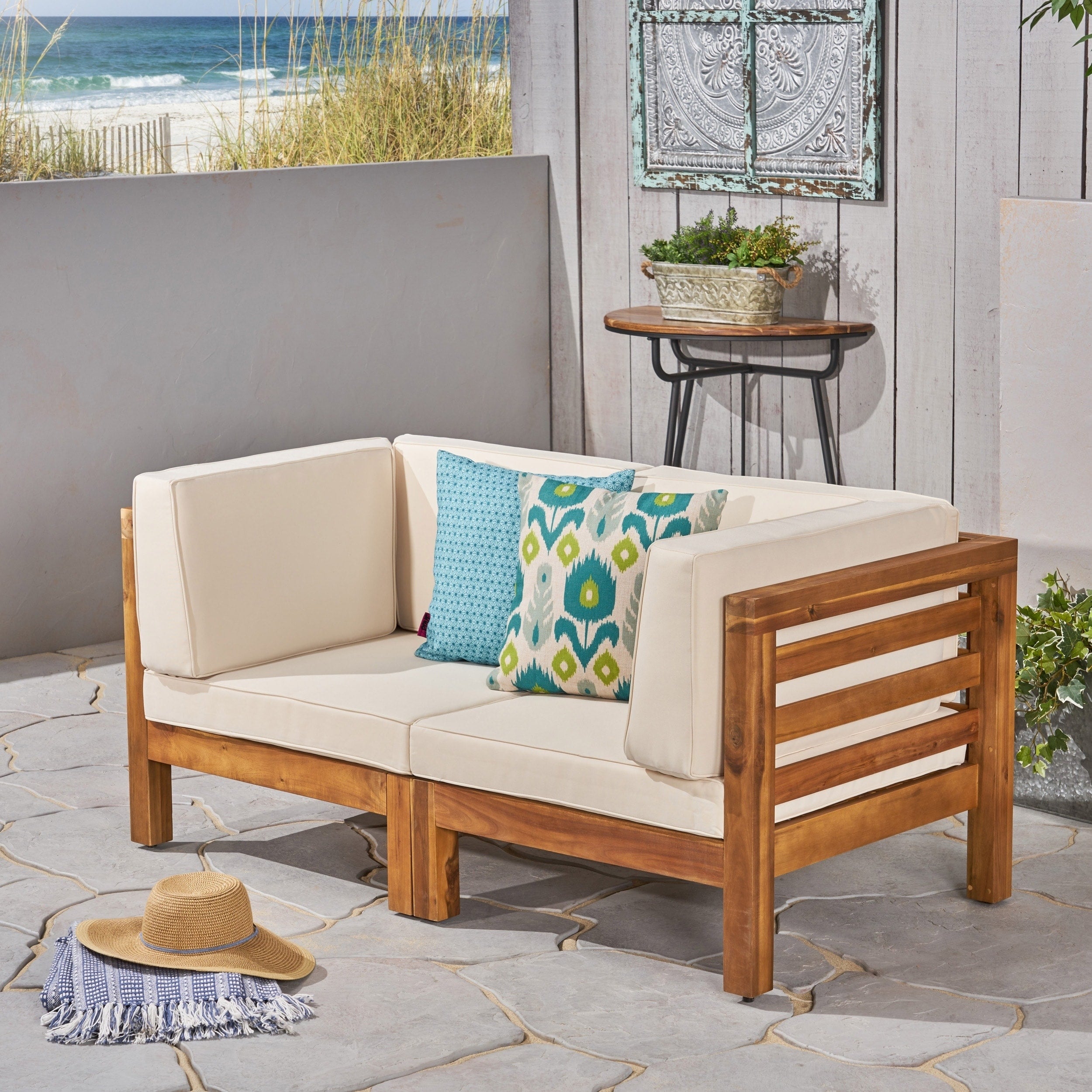 Oana Outdoor 2 Seater Sectional Acacia Wood Loveseat Set By Christopher Knight Home