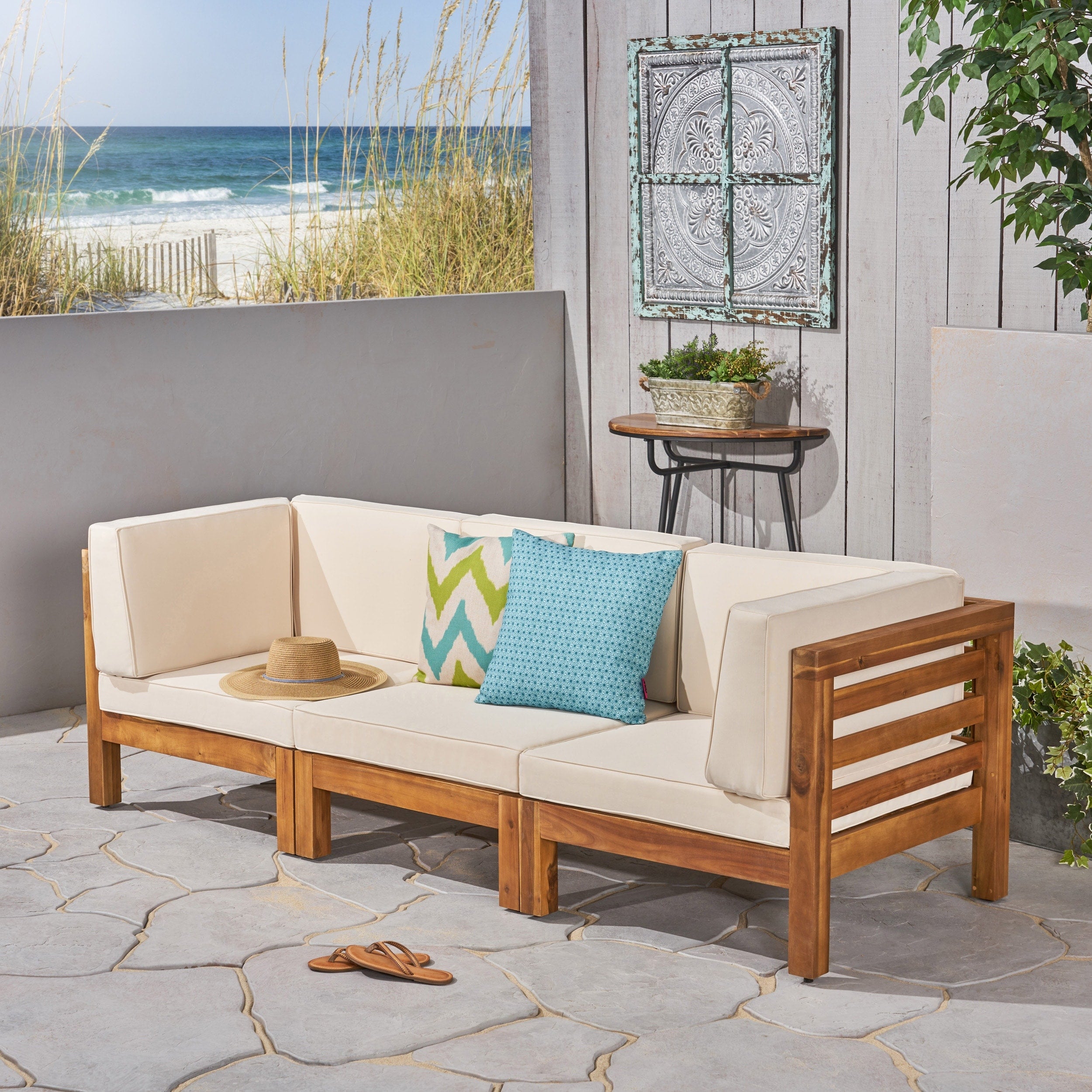 Oana Outdoor 3 Seater Acacia Wood Sectional Sofa Set By Christopher Knight Home