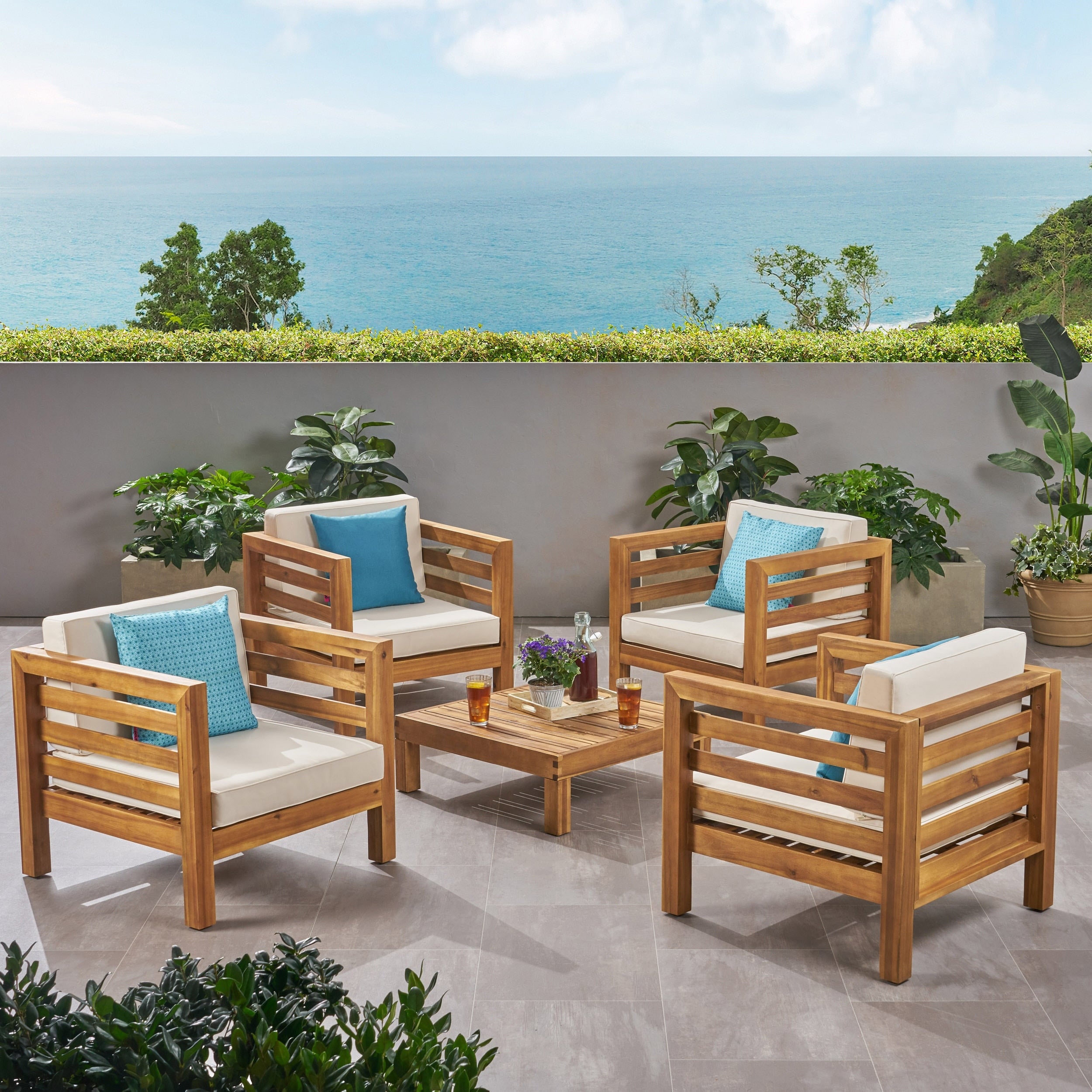 Oana Outdoor 4 Seater Acacia Wood Club Chair And Coffee Table Set By Christopher Knight Home