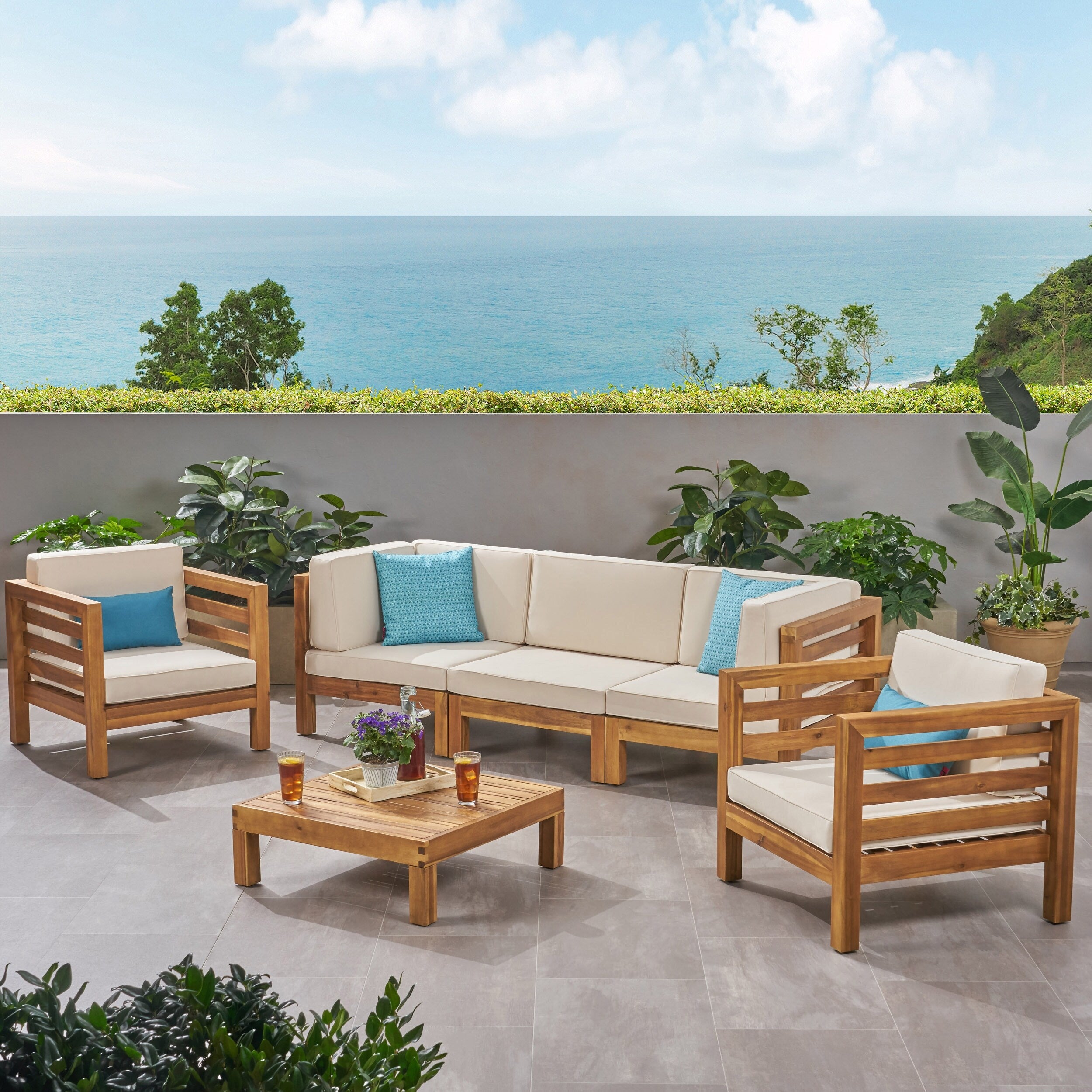 Oana Outdoor 5 Seater Acacia Wood Sofa Chat Set By Christopher Knight Home