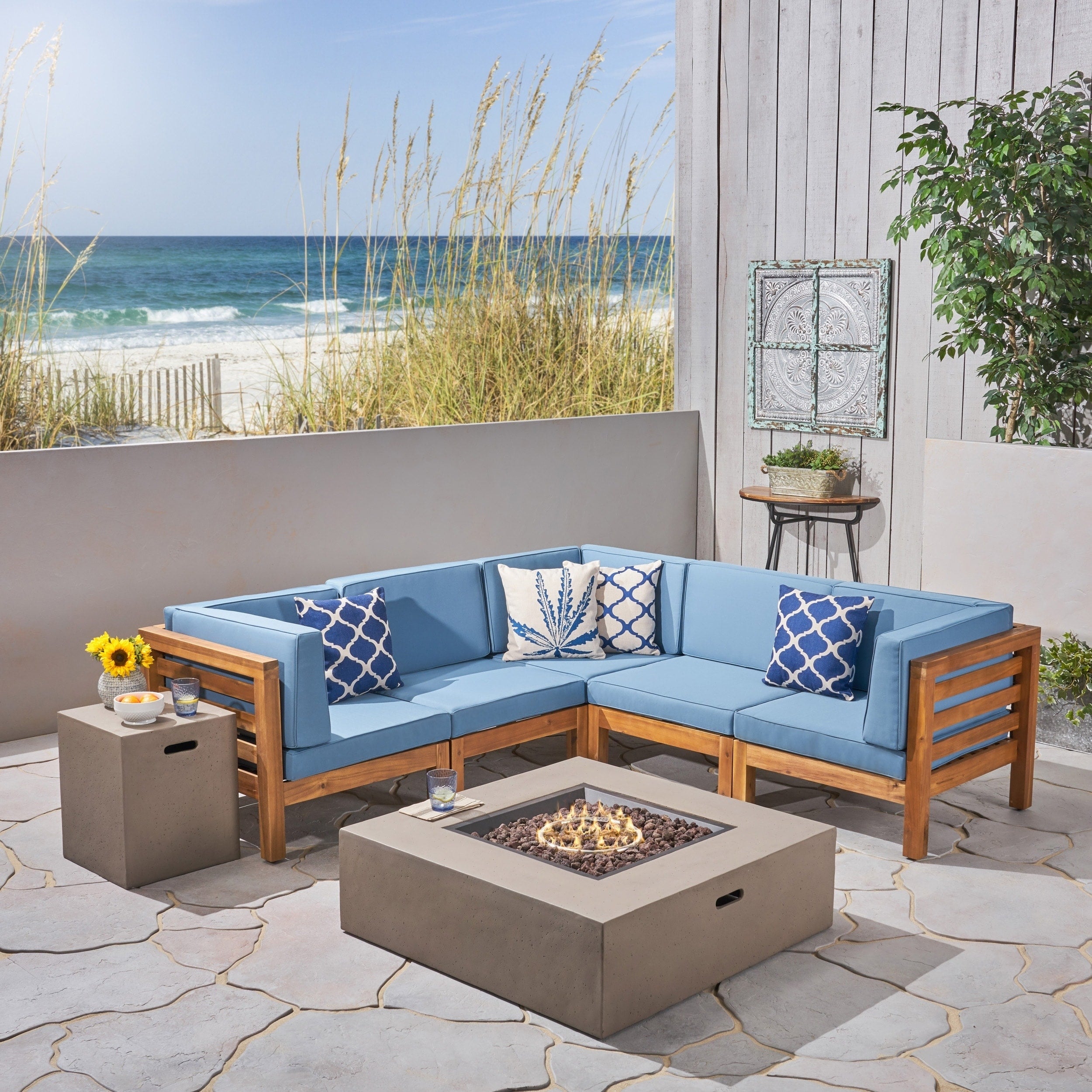 Oana Outdoor 7 Piece V Shaped Acacia Wood Sectional Sofa Set With Fire Pit By Christopher Knight Home